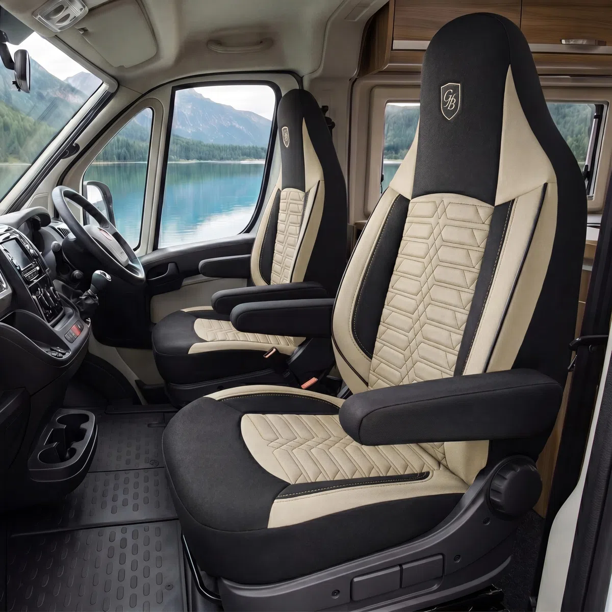 Fundas de Asiento Camper en Tela Lacoste, compatibles Fiat Ducato, Citroën Jumper, Peugeot Boxer, Asientos Delanteros Conductor & acompañante, Camper & Caravana, Beige-Negro