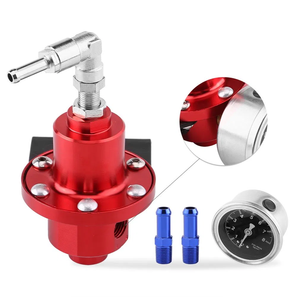 Yctze Regulador de presión de combustible FPR ajustable de aluminio universal con manómetro para automóvil(rojo) regulador de gasolina aem