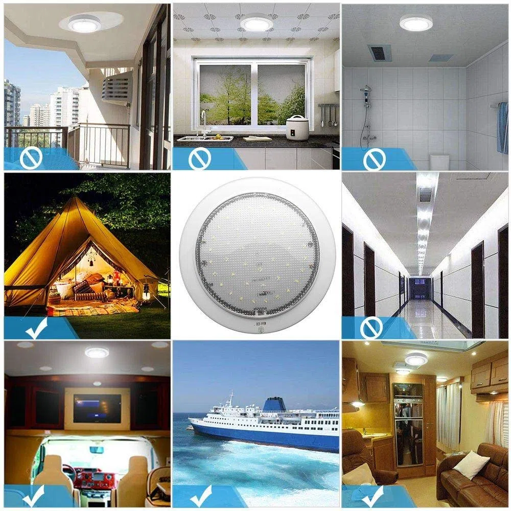 Luz interior de techo LED de 12-24 V CC 9 W Downlight para caravana, caravana, autocaravana, cromado, redondo, Luz blanca brillante