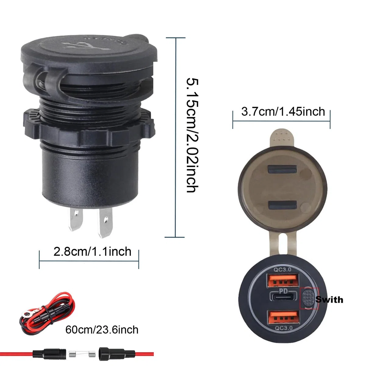 Cargador USB 12-24V, 66W, PD y QC3.0 con Interruptor y Luz Azul para Moto, Coche, Caravanas, Barcos, Camiones - Cargador Impermeable (2PD+4QC)