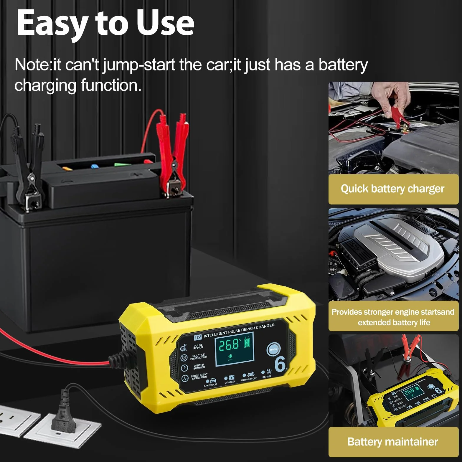 Cargador Baterias Coches Moto 12V 6A Inteligente Completamente Automático con Pantalla Táctil LCD,Automática de Detección Reparación Mantenimiento y Múltiples Protecciones para Plomo-ácido/AGM/Gel