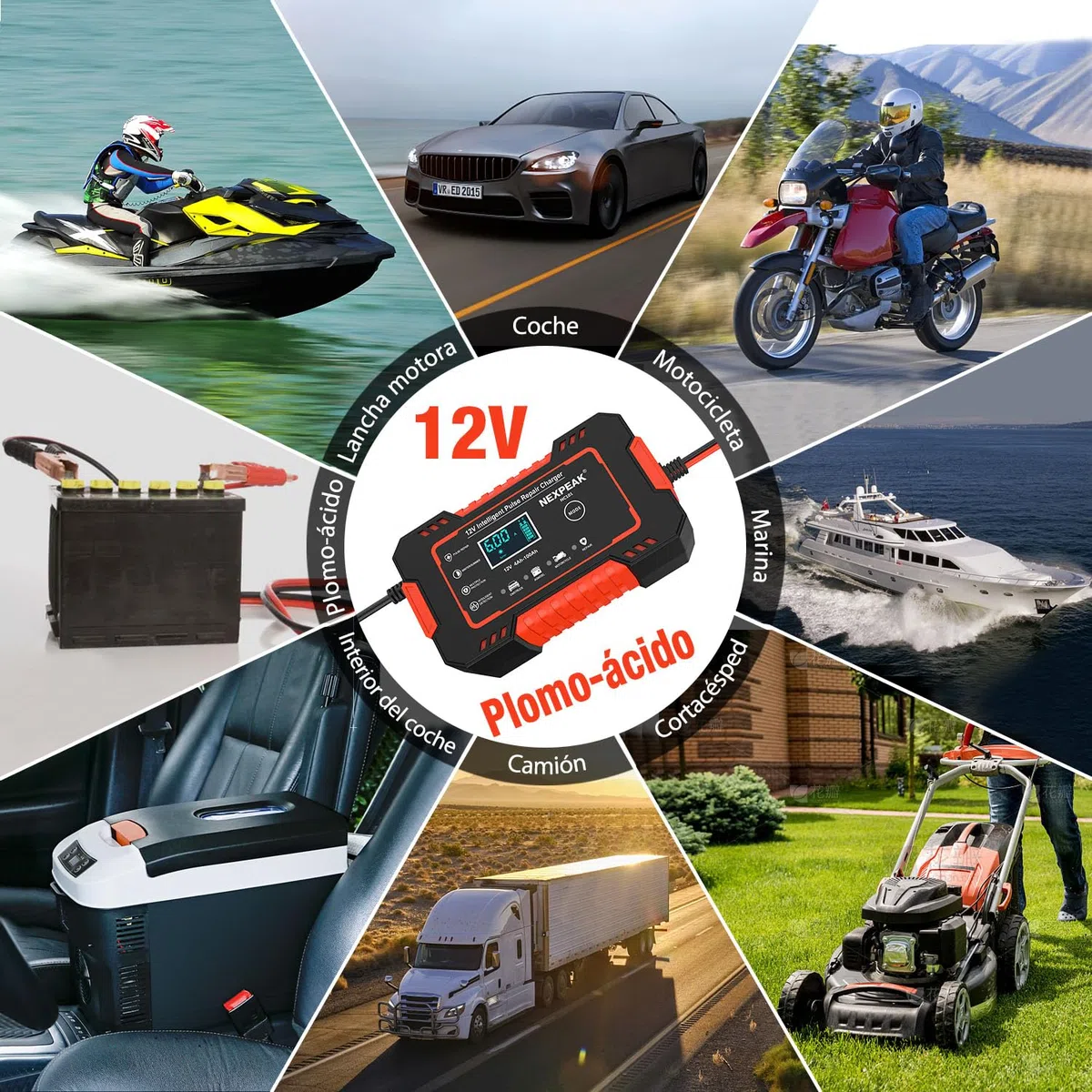 Cargador de Batería de Coche, NEXPEAK 6A 12V Cargador de baterias Coche y Moto Inteligente con Reparación y Pantalla LCD y Cargadors de batería para Auto,Moto, Camión, AGM, SLA, Gel
