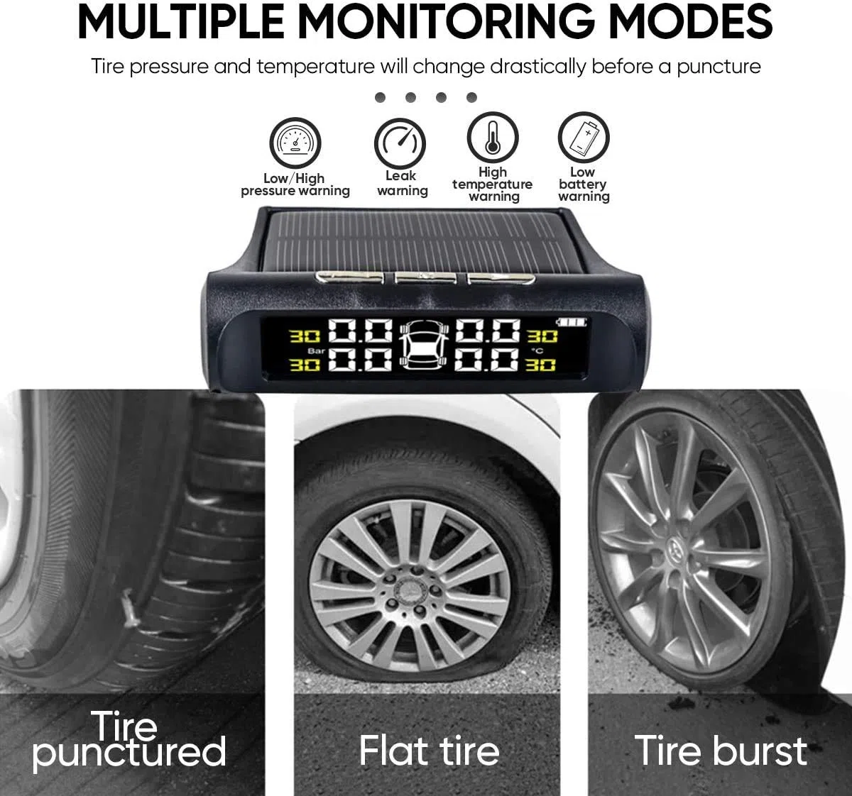 Sistema de Monitoreo de Presión de Neumáticos de Coche, 6 Modos de Alarma Inalámbrico Inteligente Monitor de Neumáticos con Carga Solar y USB, Alertas de Presión y Temperatura en Tiempo Real