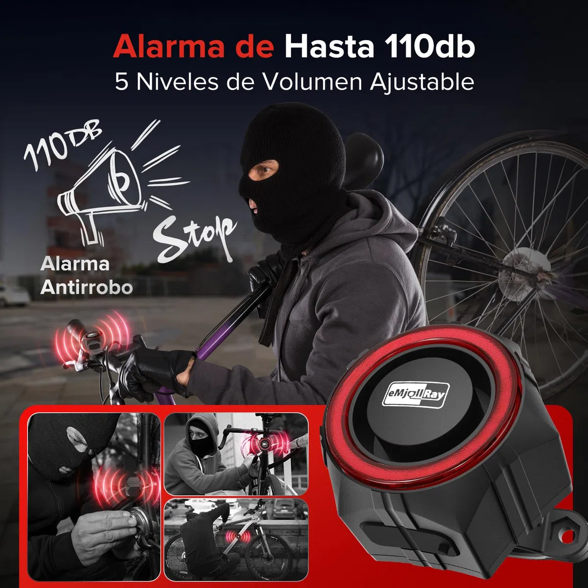 Alarma Bicicleta Antirrobo con Control Remoto Recargable USB C 110dB Impermeable Alarma Patinete Electrico para Moto Scooter Puerta