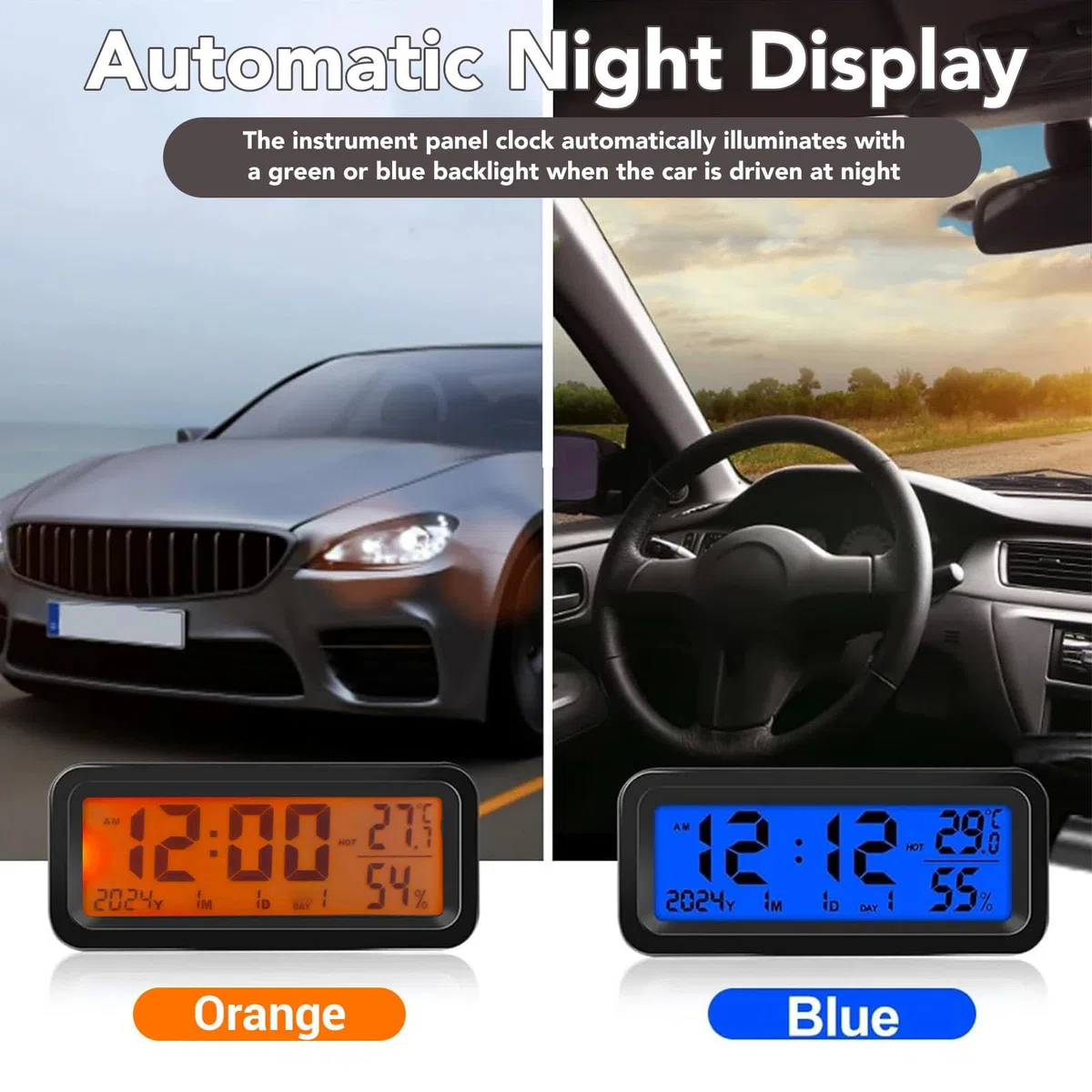 Reloj de Tablero de Automóvil, 3 en 1 Reloj Coche Solar de Automóvil Digital/Termómetro/Higrómetro, Mini Autoadhesivo Reloj Temperatura Coche Salpicadero, para Hogar y Coche