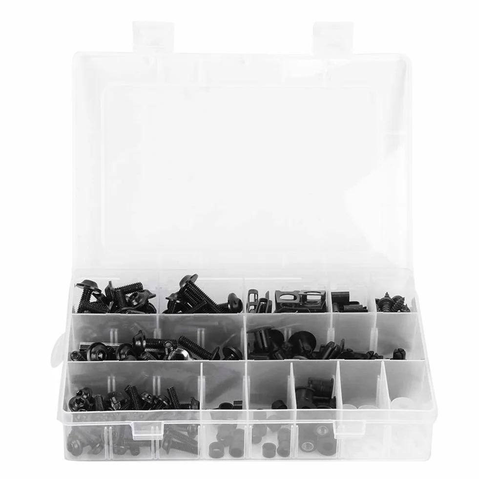 Kit de Pernos de Carenado de Motocicleta Universal de 223 Piezas, Sujetadores de Tornillos de Parabrisas de Motocicleta M5 M6, Kit de Surtido de Tornillos de Arandelas y Tuercas(Black)