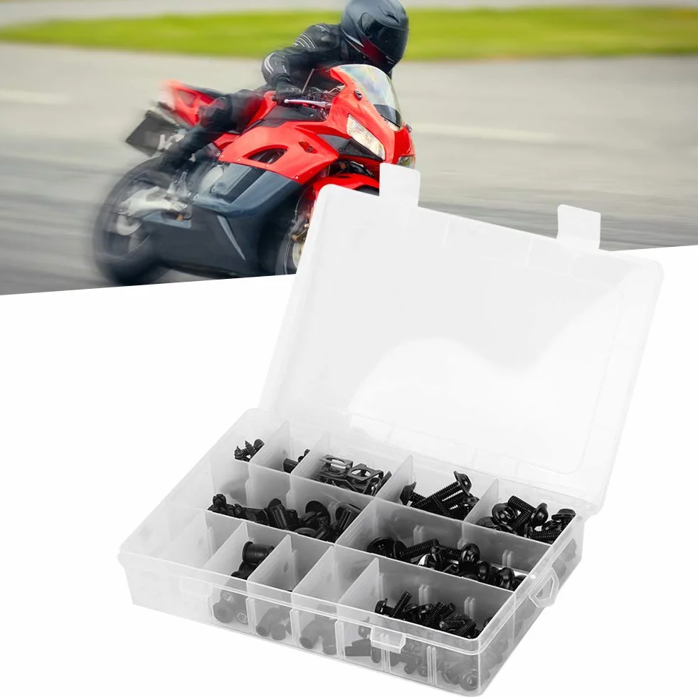 Kit de Pernos de Carenado de Motocicleta Universal de 223 Piezas, Sujetadores de Tornillos de Parabrisas de Motocicleta M5 M6, Kit de Surtido de Tornillos de Arandelas y Tuercas(Black)