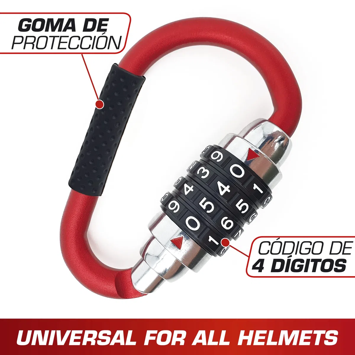 RADIKAL RK540R Candado Casco Moto, Mosqueton Multifuncion con Código 4 Digitos Más Seguro, Adaptador T, Cable Seguridad Acero Trenzado, Accesorio Antirrobo Universal para Casco Moto Bicicleta Chaqueta