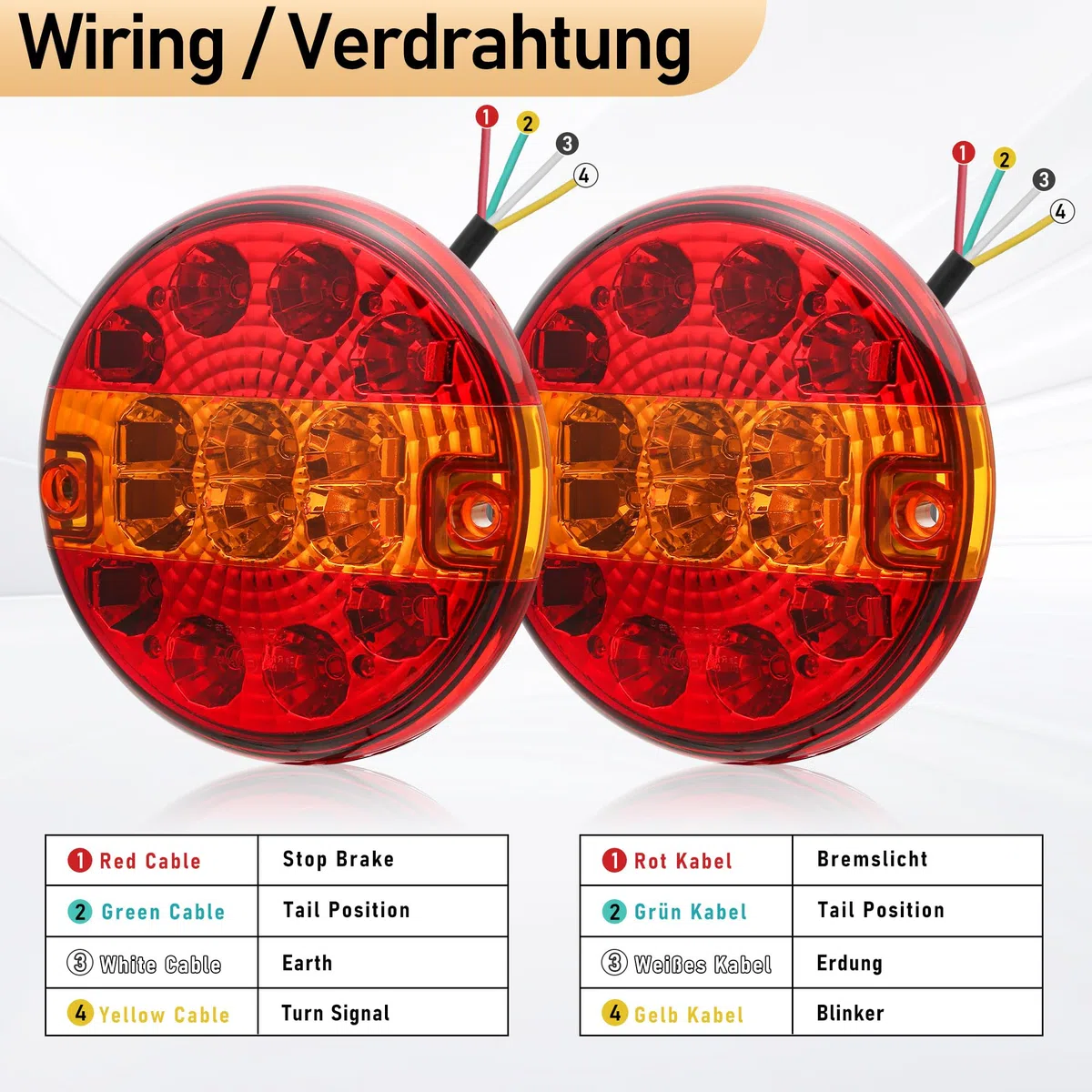 2 x Pilotos Traseros Remolque Redondo LED 12V/24V Rojo Luces Remolque Homologados E11, Impermeable IP67, 3-en-1(Freno/Posición/Intermitentes) para Remolques Camións Caravanas