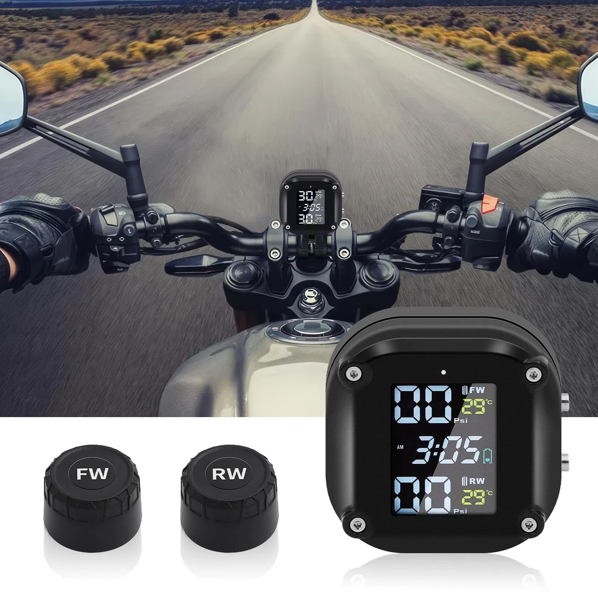 KAOLALI Motocicleta TPMS Sistema de monitoreo de presión de neumáticos con Pantalla LCD de 2 sensores externos Carga USB magnética e IP67 Impermeable