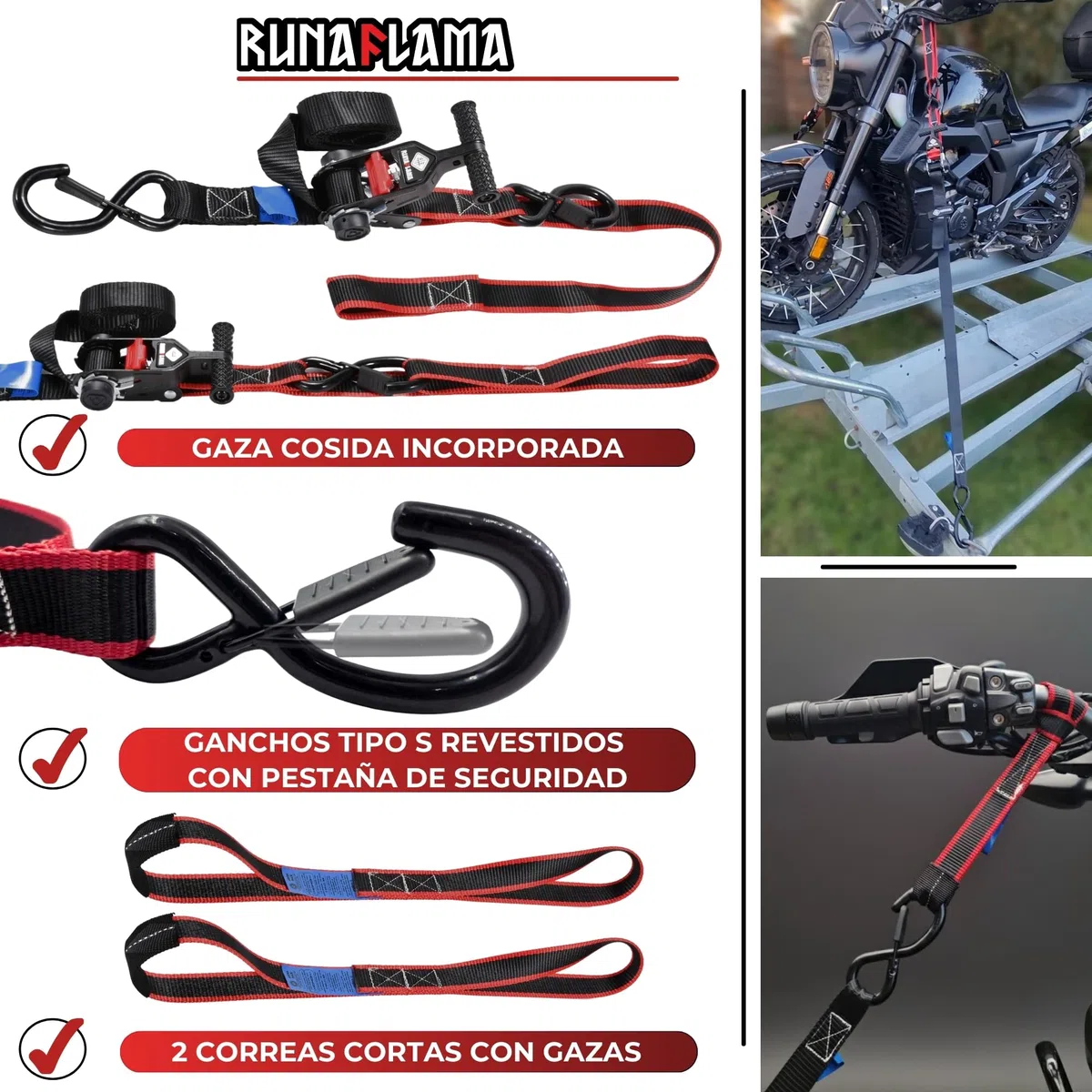 Cinchas de Amarre Moto con Carraca - Eslingas de Carga para Remolque - Trinchas de Sujeción a Portamotos - F. Rotura 800 kgf/Cinta - 2 Correas con Ganchos de 1,9m + 2 Eslingas de Amarre