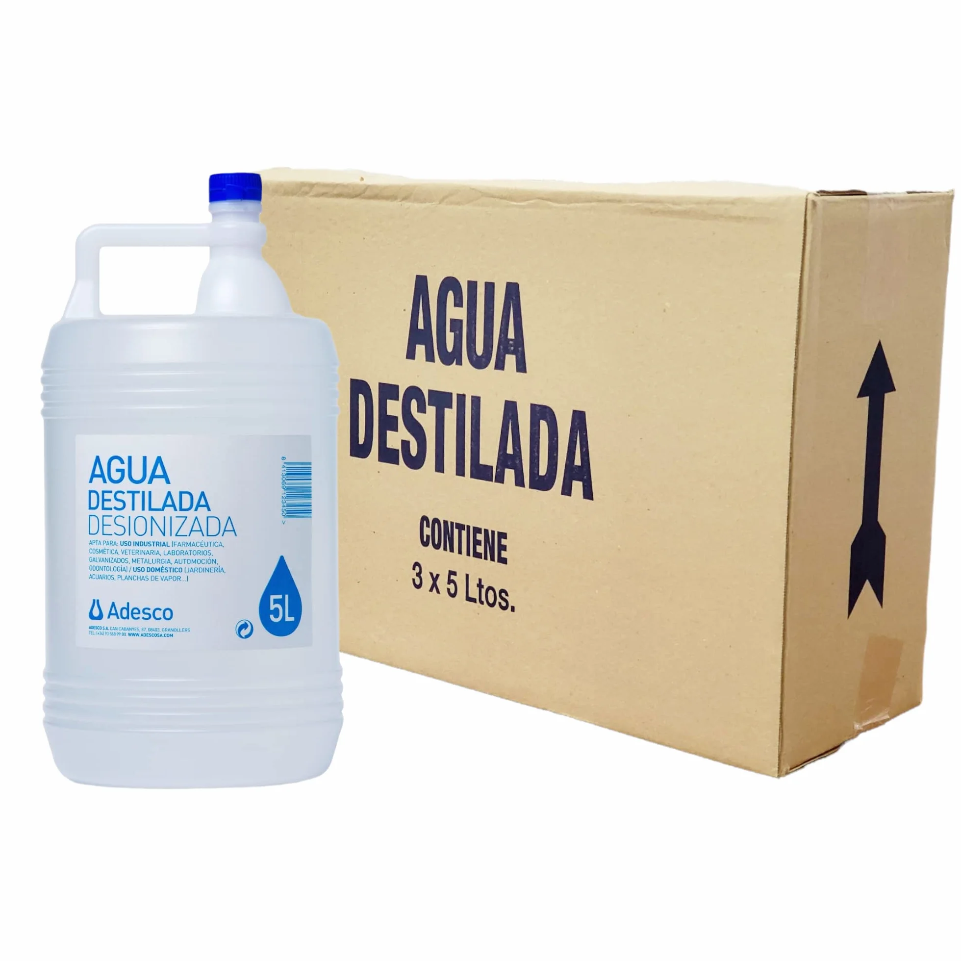 ADESCO Agua Desionizada 3 x 5L Apta para CPAP Autoclave Plancha Baterías Plantas Limpieza Técnica Múltiples Usos 1 Caja con 3 Garrafas de 5 Litros