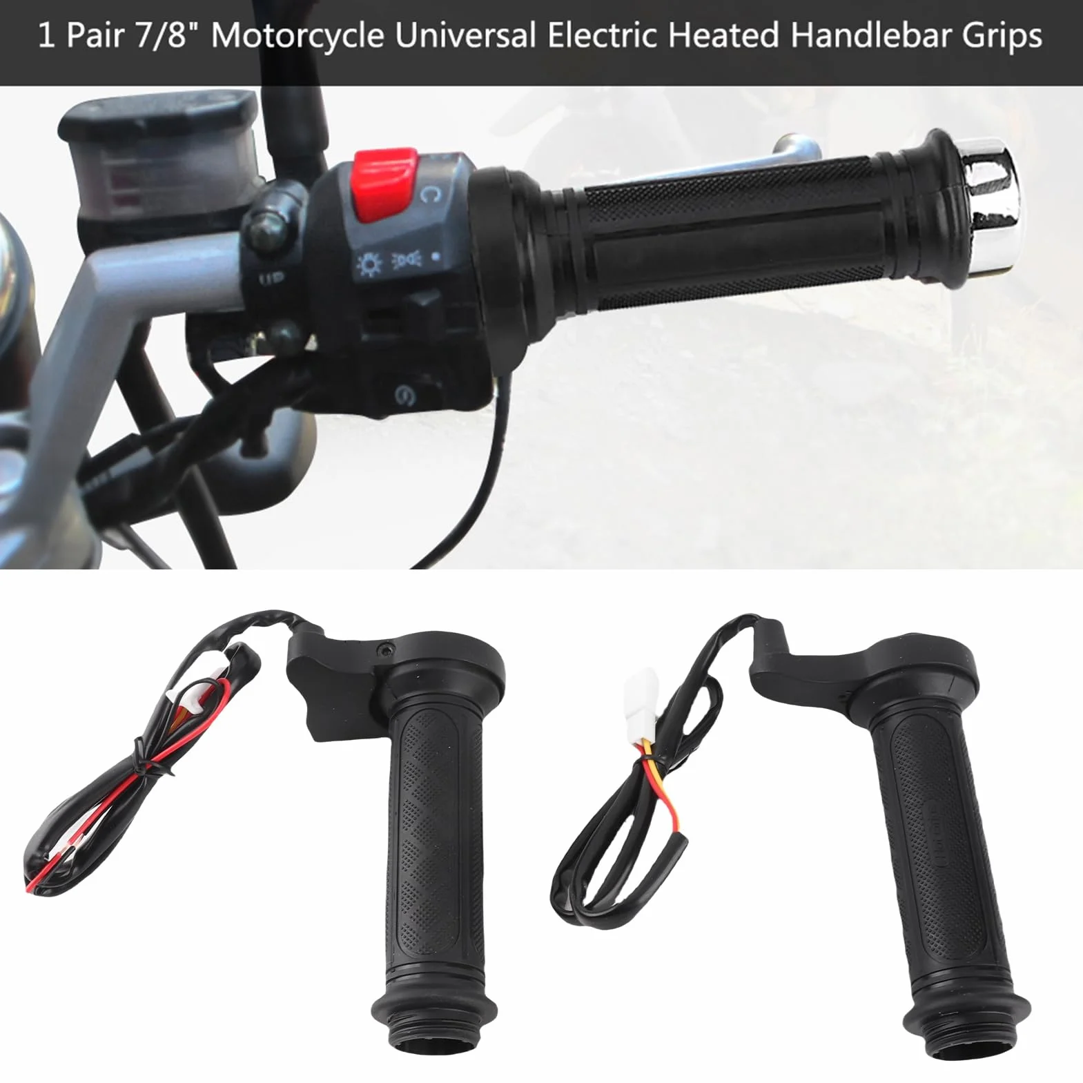 Puños Calientes para Motocicleta, 1 Par de 22 Mm (7/8") Manillar Eléctrico Universal para Motocicleta con Calefacción Caliente para Motocicleta/Bicicleta/ATV, Negro