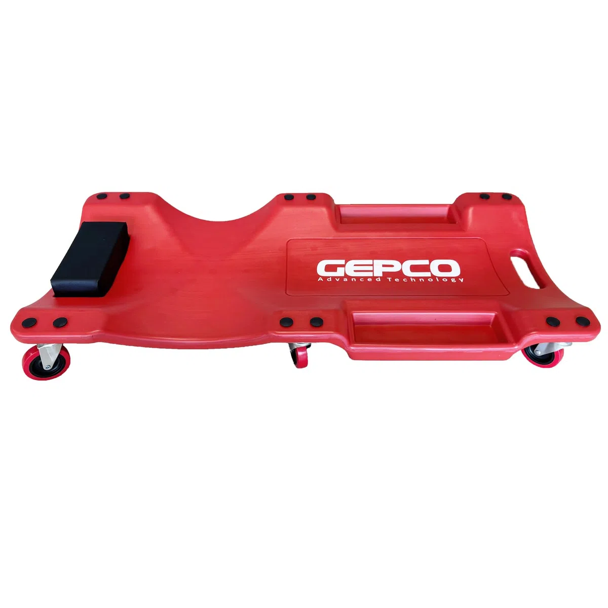 GEPCO Tumbona de taller de 100 cm, tabla de ruedas de plástico con forma ergonómica, reposacabezas acolchado y bandejas para herramientas, capacidad de carga de 150 kg, 6 ruedas giratorias, camilla de