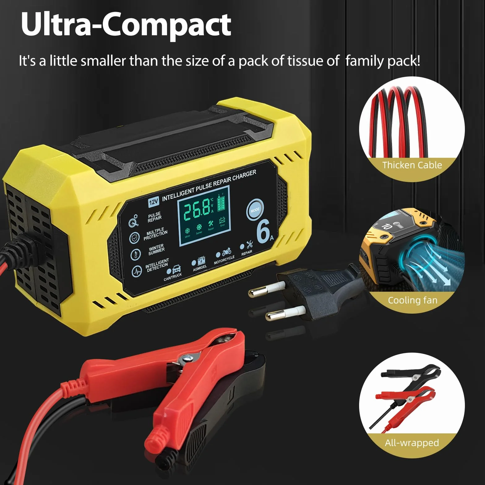 Cargador Baterias Coches Moto 12V 6A Inteligente Completamente Automático con Pantalla Táctil LCD,Automática de Detección Reparación Mantenimiento y Múltiples Protecciones para Plomo-ácido/AGM/Gel