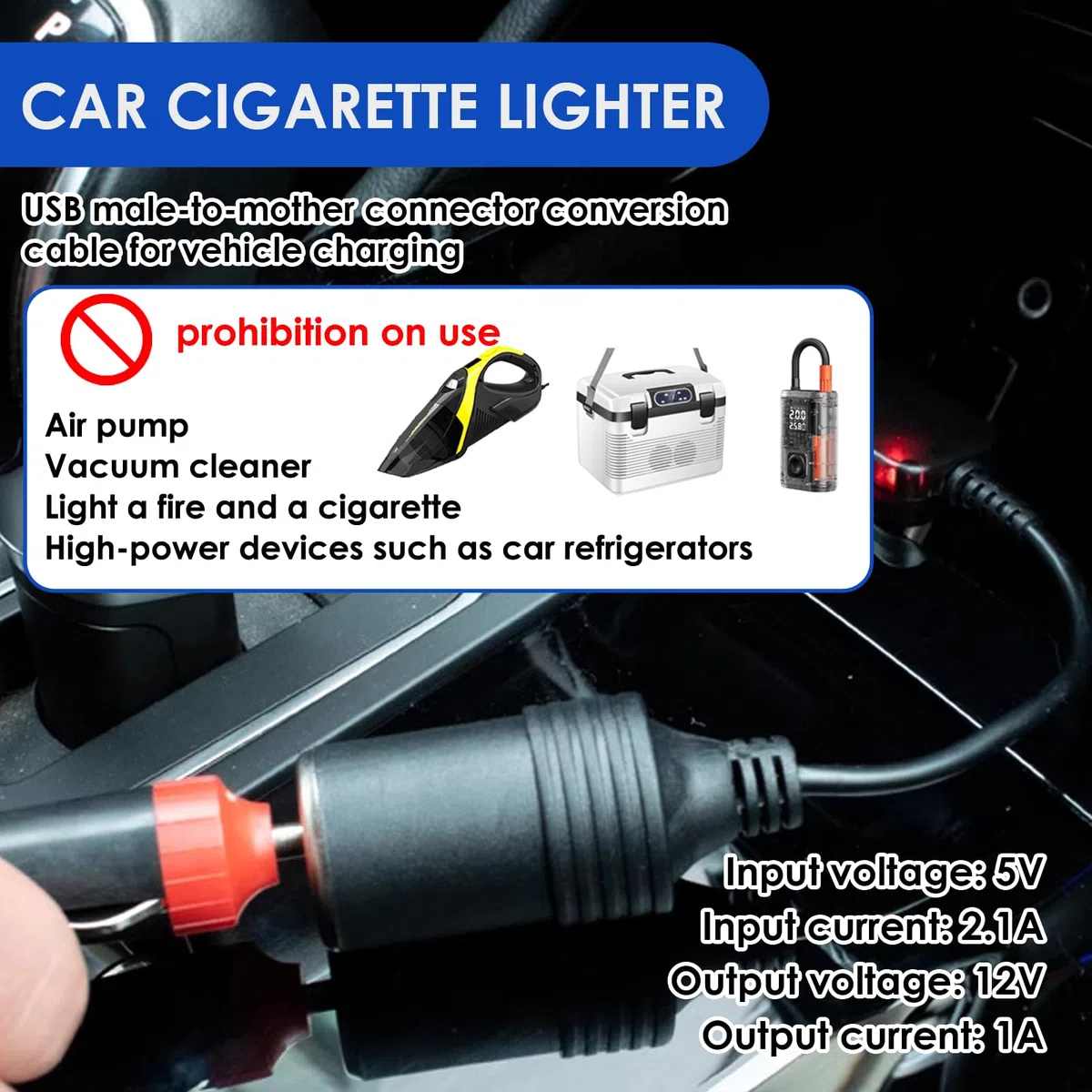5 V Cable convertidor USB A macho a enchufe de encendedor hembra de 12 V, adaptador de enchufe de encendedor convertidor de enchufe encendedor de coche para grabadora de conducción DVR Dash Cámara GPS
