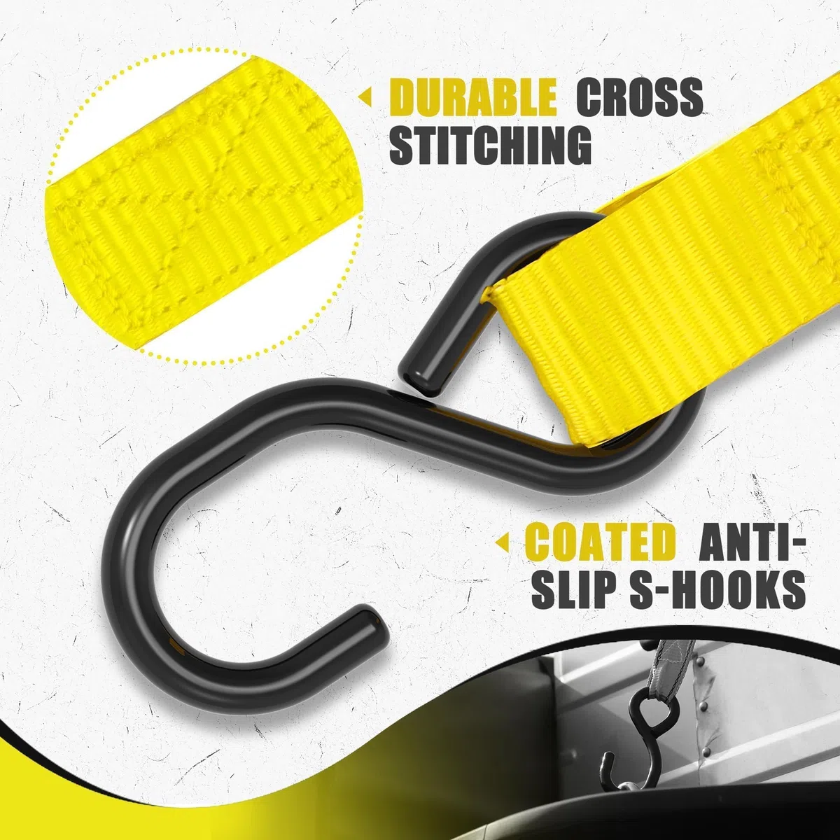 AWELCRAFT 4 Correas de Trinquete de 15 Pies – Resistencia de 1500 Libras, 4 Bucles Suaves Incluidos – Alta Visibilidad Color Amarillo para Moto, ATV, Remolque, Mudanza – Juego de Amarre para Carga