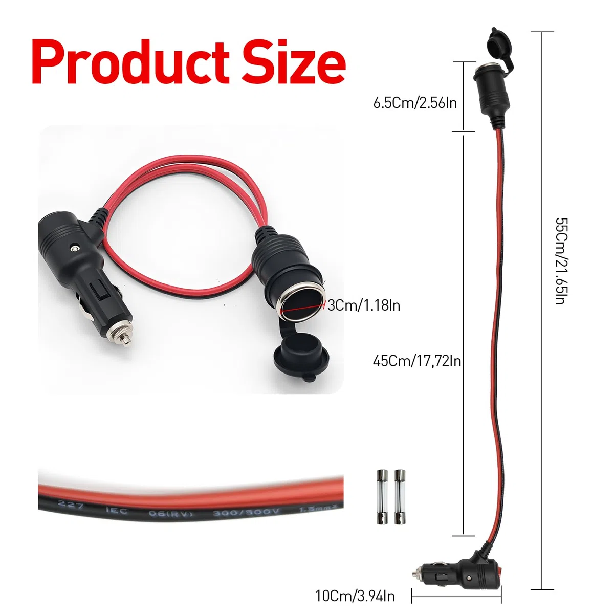 12V 24V Alargador Mechero Coche con interruptor, Cable Alargador para Encendedor de Cigarrillos 16AWG con Fusible de 15A para Automóviles Motocicletas Coche y Camión (0.5M)