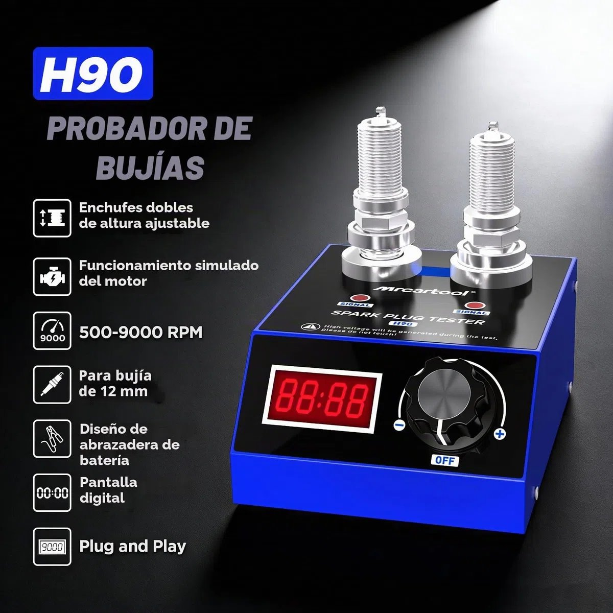 MRCARTOOL Comprobador de bujías 500~9000rpm Analizador de Encendido con Toma de Doble Orificio Ajustable 220V Comprobador Largo para Vehículos 12V 24V