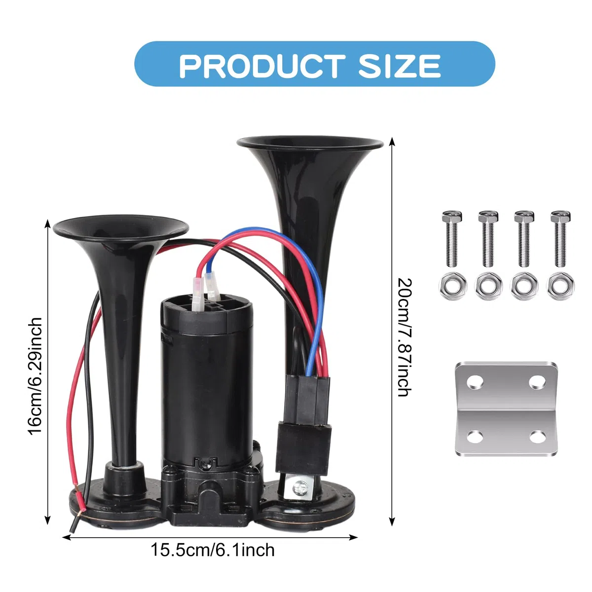 Colexy Bocina de Aire 12V, Bocina Coche Sonido Súper Fuerte 150DB Doble Trompeta, Bocina Universal con Compresor para Coches, Camiones, Motocicletas, Barcos, Trenes, Furgoneta y Más (Negro)