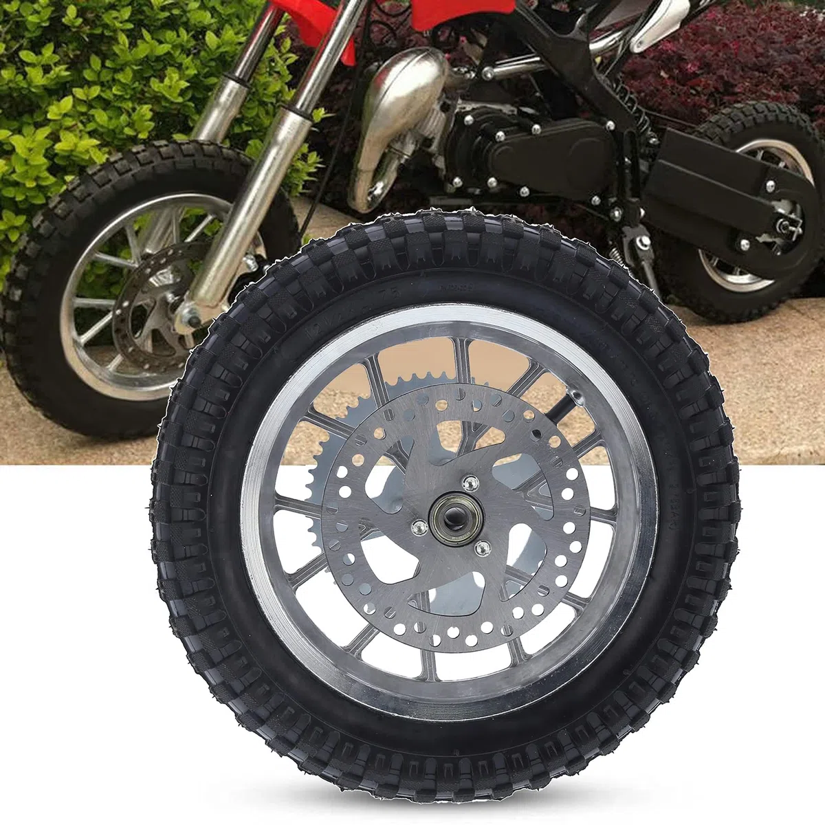 Focket Llanta Trasera de 12,5 X 2,75 Pulgadas con Conjunto de Rodamientos de 0.472 in, Rueda Trasera para Mini Moto de Cross de 47 y 49 de 2 Tiempos, Rotor de Disco de Freno de Neum (A (Plata))