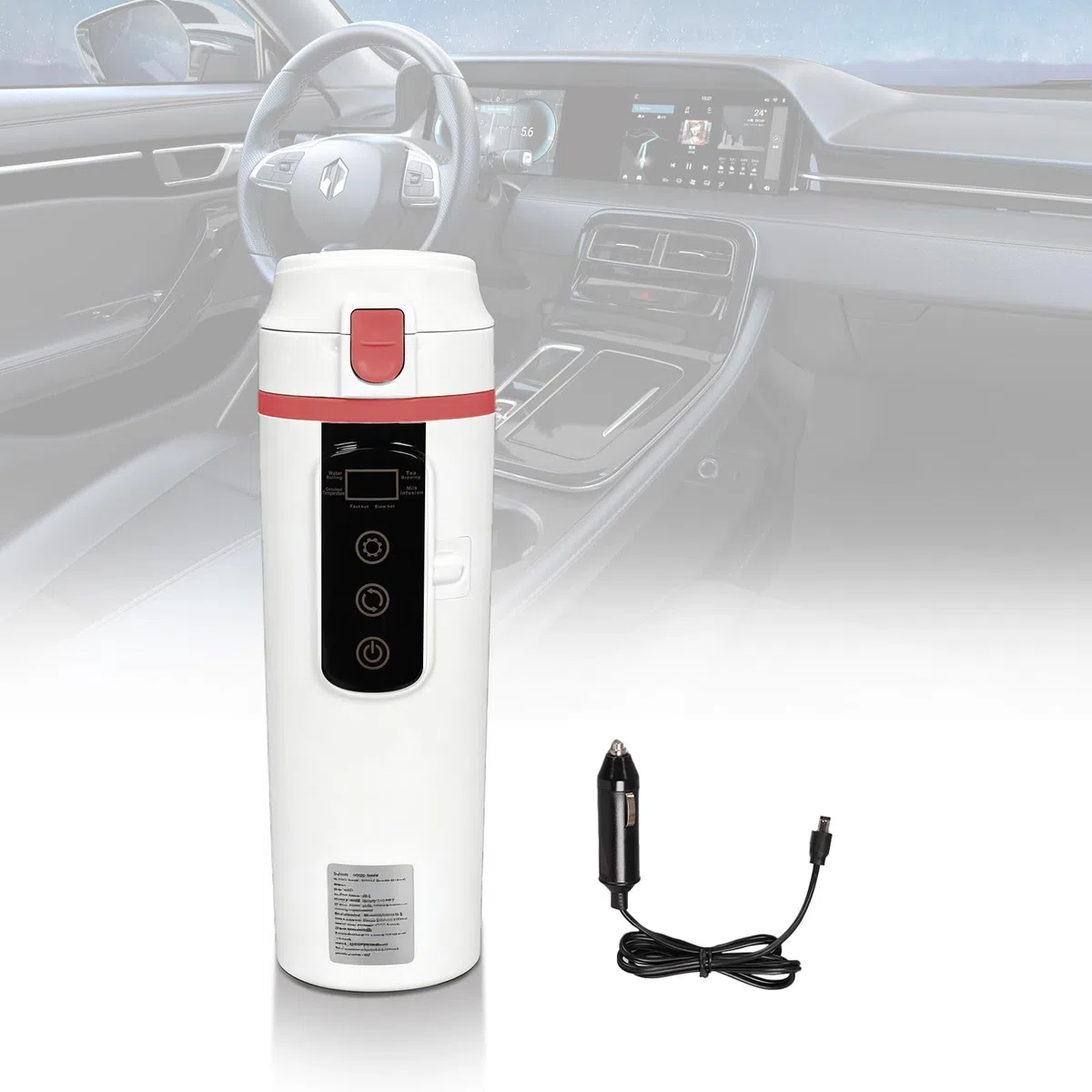 500ml Hervidor de Agua para Coche 12V/24V, Hervidor de Agua Portatil Coche Calentador de Agua Portátil para Coche, Temperatura Ajustable, Control Táctil, para Calentar Agua, Café, Leche, Té, Blanco