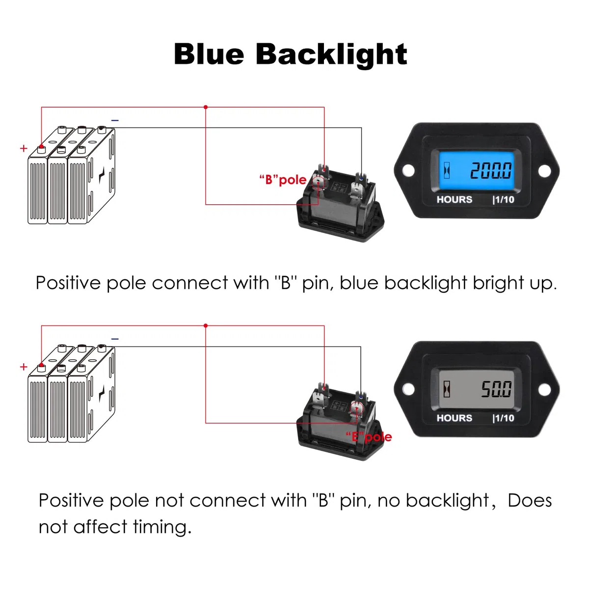 Medidor de horas digital LCD CC de 9 V a 65 V con retroiluminación azul, impermeable, almacenamiento de datos, uso para autocaravana, cortacésped, limpiador de motos de nieve