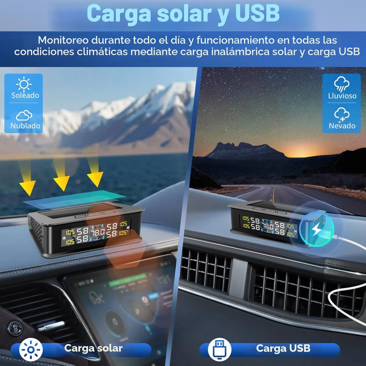 Sistema de Monitorización de Presión de Neumáticos TPMS, Solar Inalámbrico y Carga USB, Monitor de Presión de Neumáticos, 5 Modos de Alarma, 4 Sensores Externos, Rango 0-5 Bar, Ajuste
