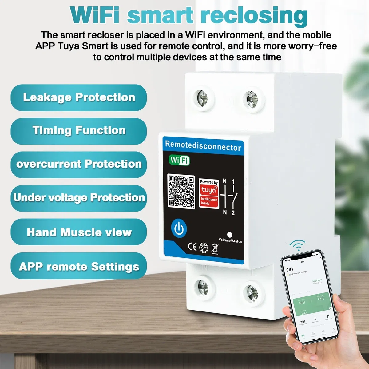 Interruptor Automático,230V 63A Disyuntor Dispositivo De Protección Contra SobretensióN Y Subtensión,Interruptor Inteligente Wifi Aplicación De Teléfono MóVil Control Remoto