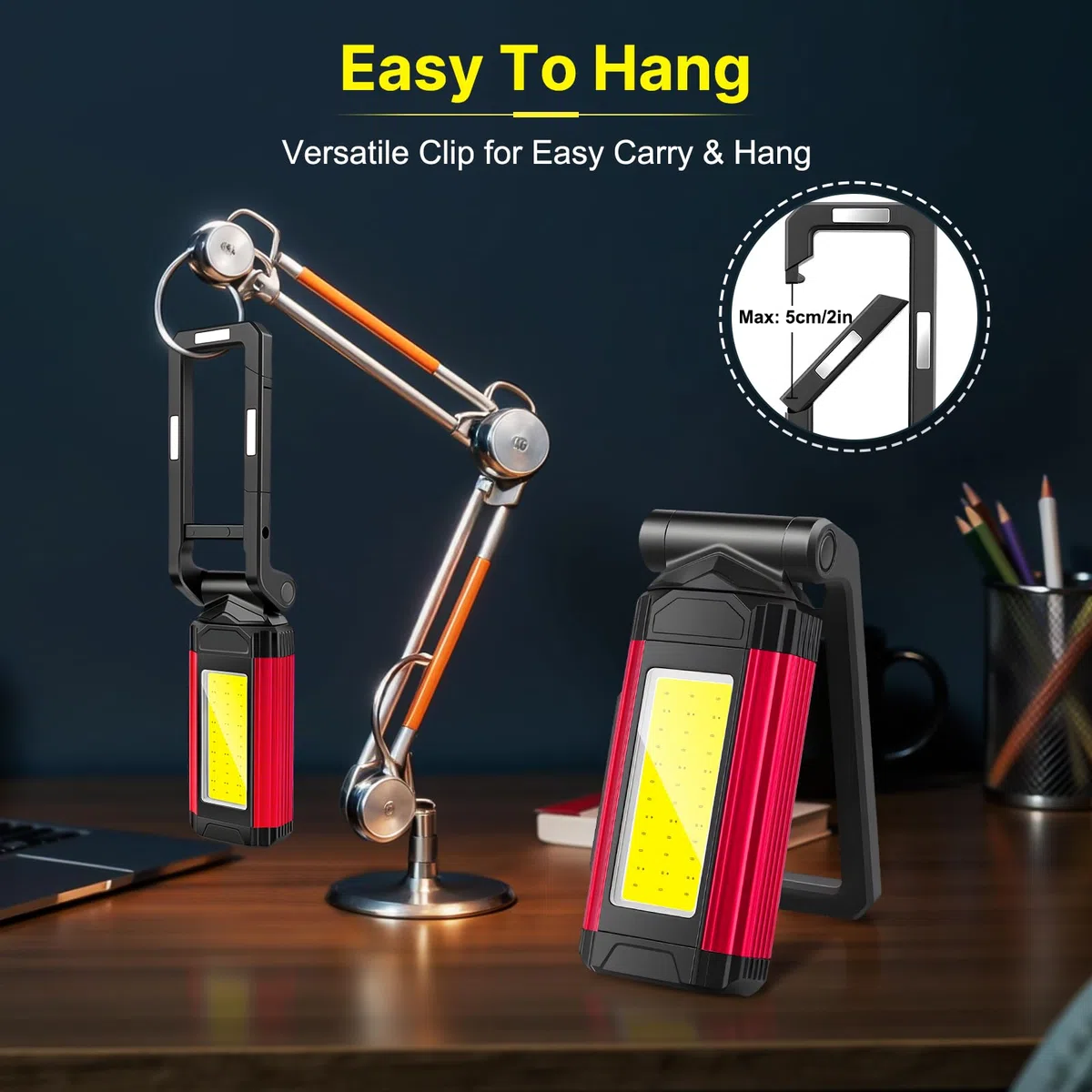 Luz de Trabajo LED, Linterna Taller, Lámparas de inspección Recargable, Base Magnética, 7 Modos Trabajo, Soporte Giratorio Gancho Plegable, para Reparación de Automóviles, Taller, Camping, 2 Piezas