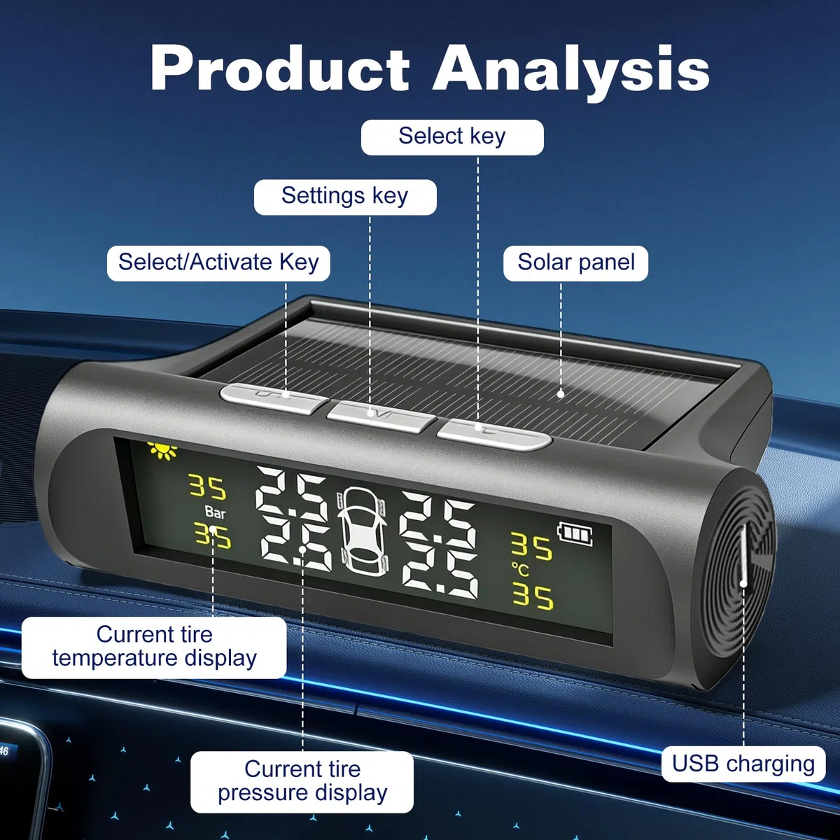BAIFULAI TPMS Sistema de control de presión de neumáticos: IPX7 resistente al agua, sistema de control de presión de neumáticos con 4 sensores exteriores, digital alimentado por energía solar, mini