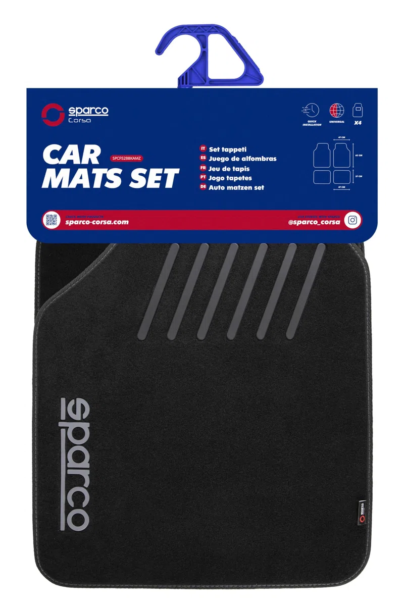 Sparco Alfombrillas de Coche de Moqueta 4 Piezas, Amazon Exclusive, Poliéster Resistente con Talonera, Antideslizantes, Fáciles de Instalar y Limpiar