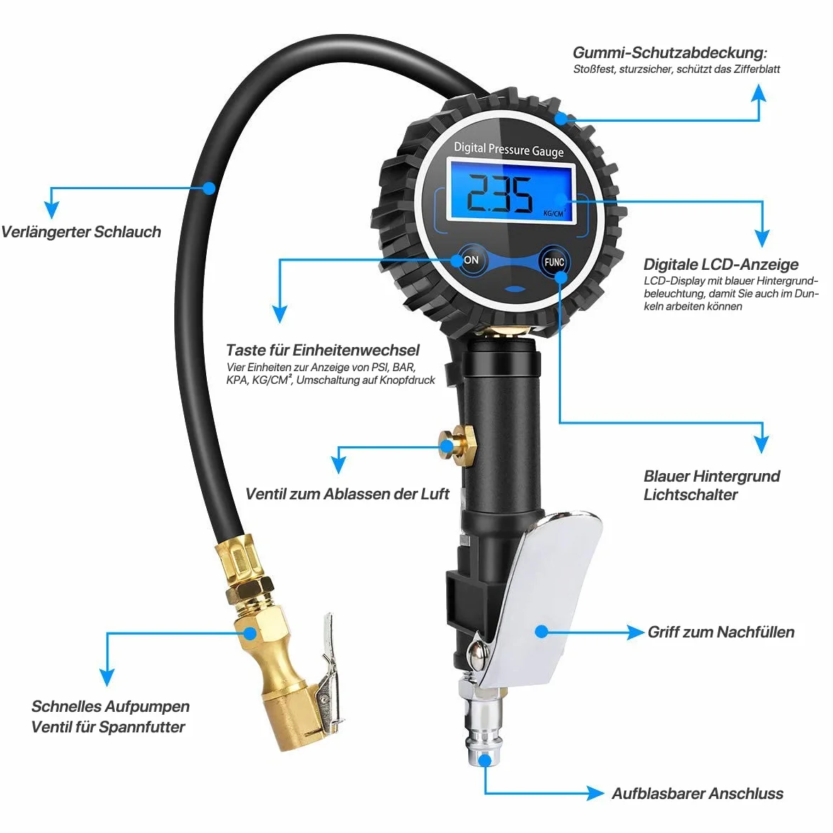 Manómetro Presión Neumáticos Digital Manómetro Inflador Neumáticos para Compresor Medidor Presión Neumáticos Profesional Portátil para Coche Moto Bicicleta y Camión 0-200psi