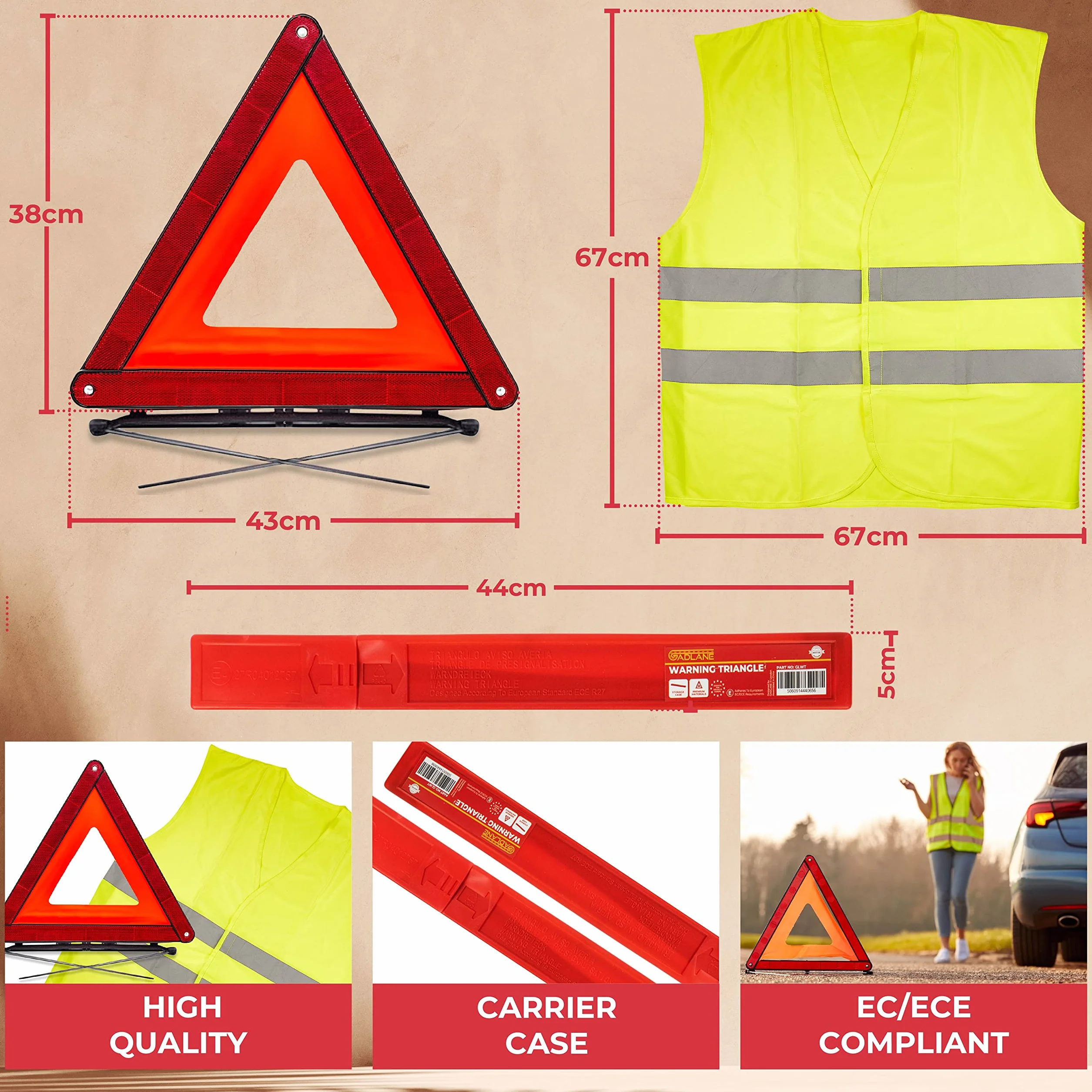 GADLANE Triangulo Coche Homologado Ece & Chaleco Reflectante Reflexiva Plegable Advertencia De Carretera