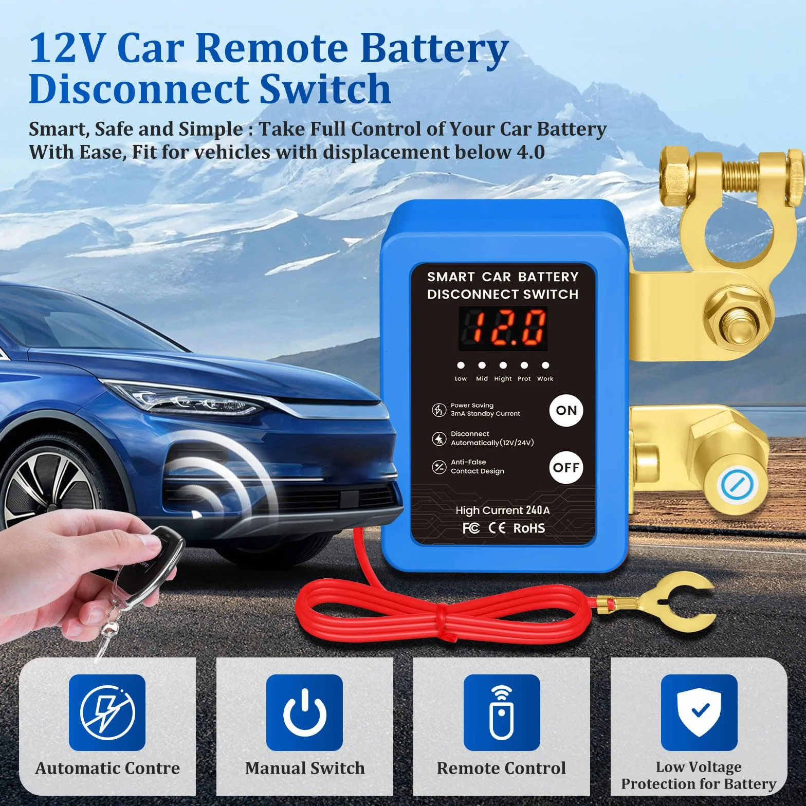 Desconectador de Bateria Coche, 12V 240A Corta Corriente Bateria Coche, Interruptor de Desconexión de Batería Remota con 2 Telecontrol, Interruptor de Batería para Coche Camión RV ATV (Blue)