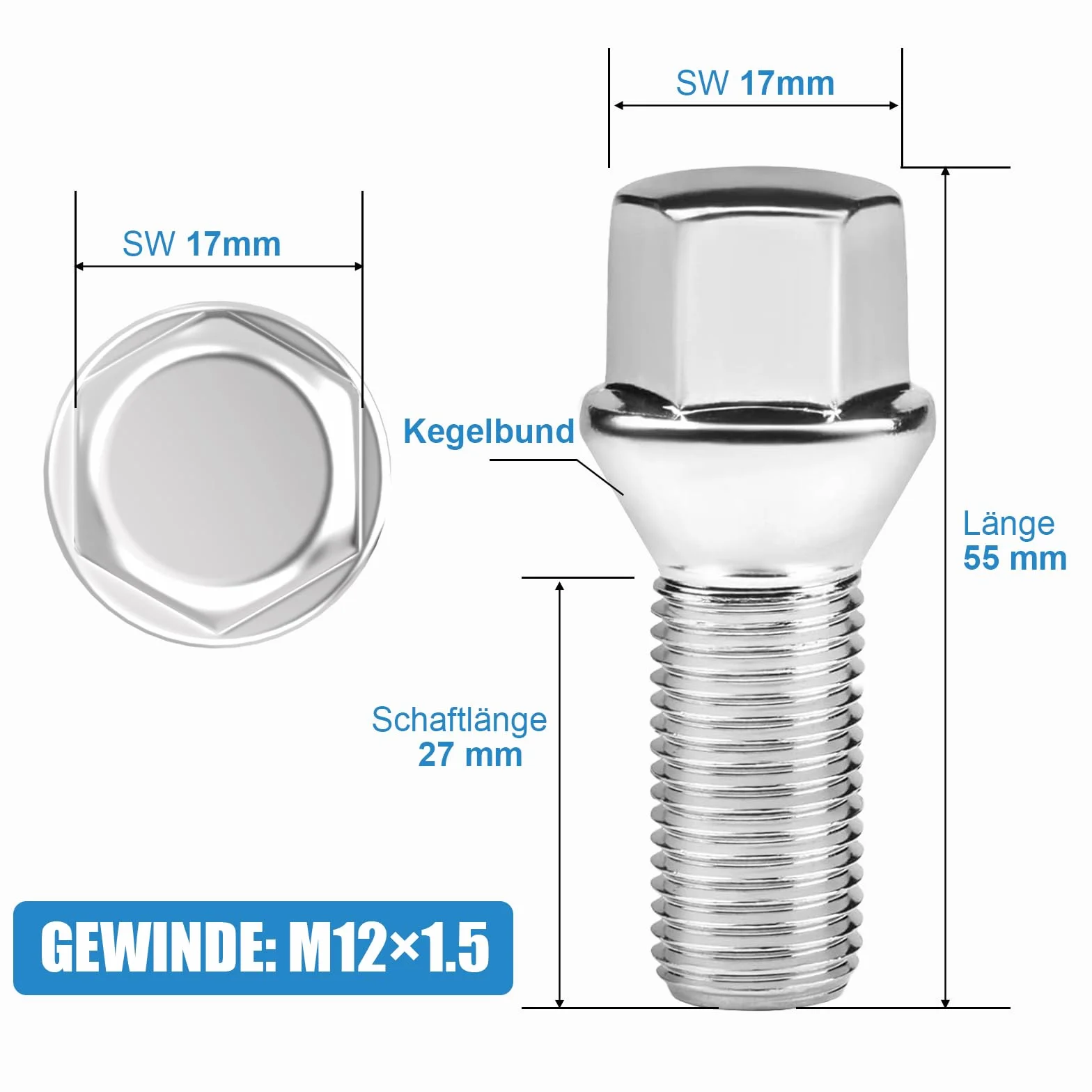 20 tornillos de rueda I M12 x 1,5 x 28 mm I Cono Cono Cono SW 17 mm I Compatible con BMW
