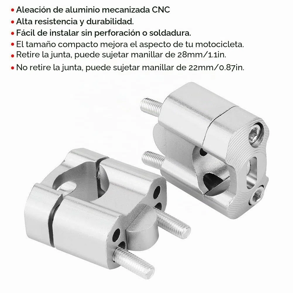 Elevador de eslabones de motocicleta, Par 22 mm / 28 mm Elevador de manillar de motocicleta con aleación de aluminio CNC(Plata)