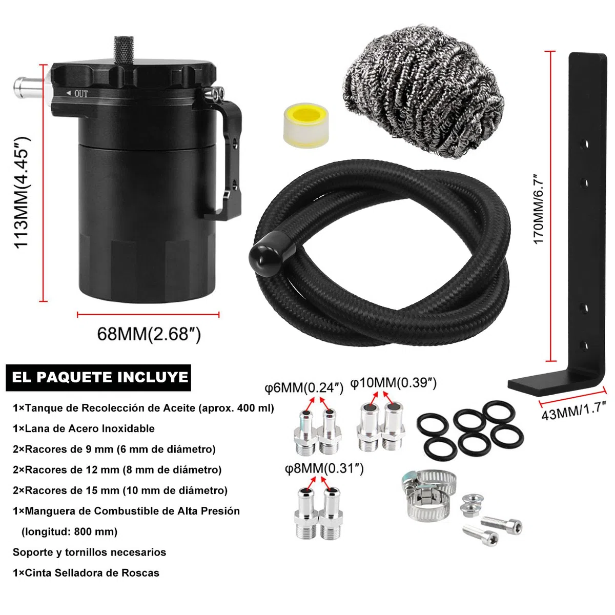 Kit de Captura de Aceite Universal, Depósito Negro de 300ml con Filtro, Manguera Trenzada y Accesorios de Instalación (024c-bk)