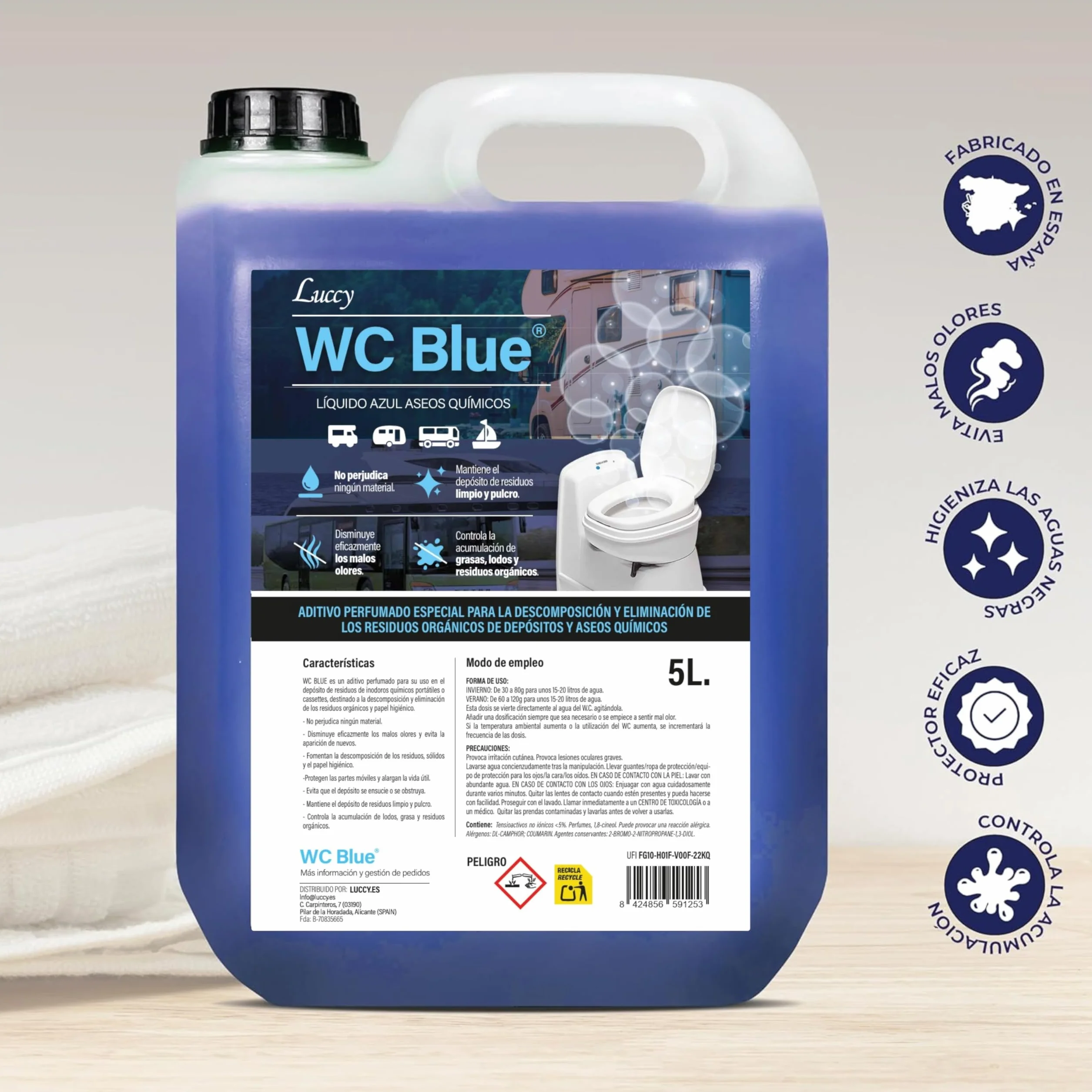 WC Blue Aditivo para Aguas negras 5 Litros, Sanitary Fluid Caravanas, Depósito de Residuos