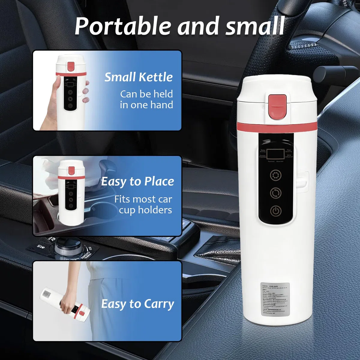 500ml Hervidor de Agua para Coche 12V/24V, Hervidor de Agua Portatil Coche Calentador de Agua Portátil para Coche, Temperatura Ajustable, Control Táctil, para Calentar Agua, Café, Leche, Té, Blanco