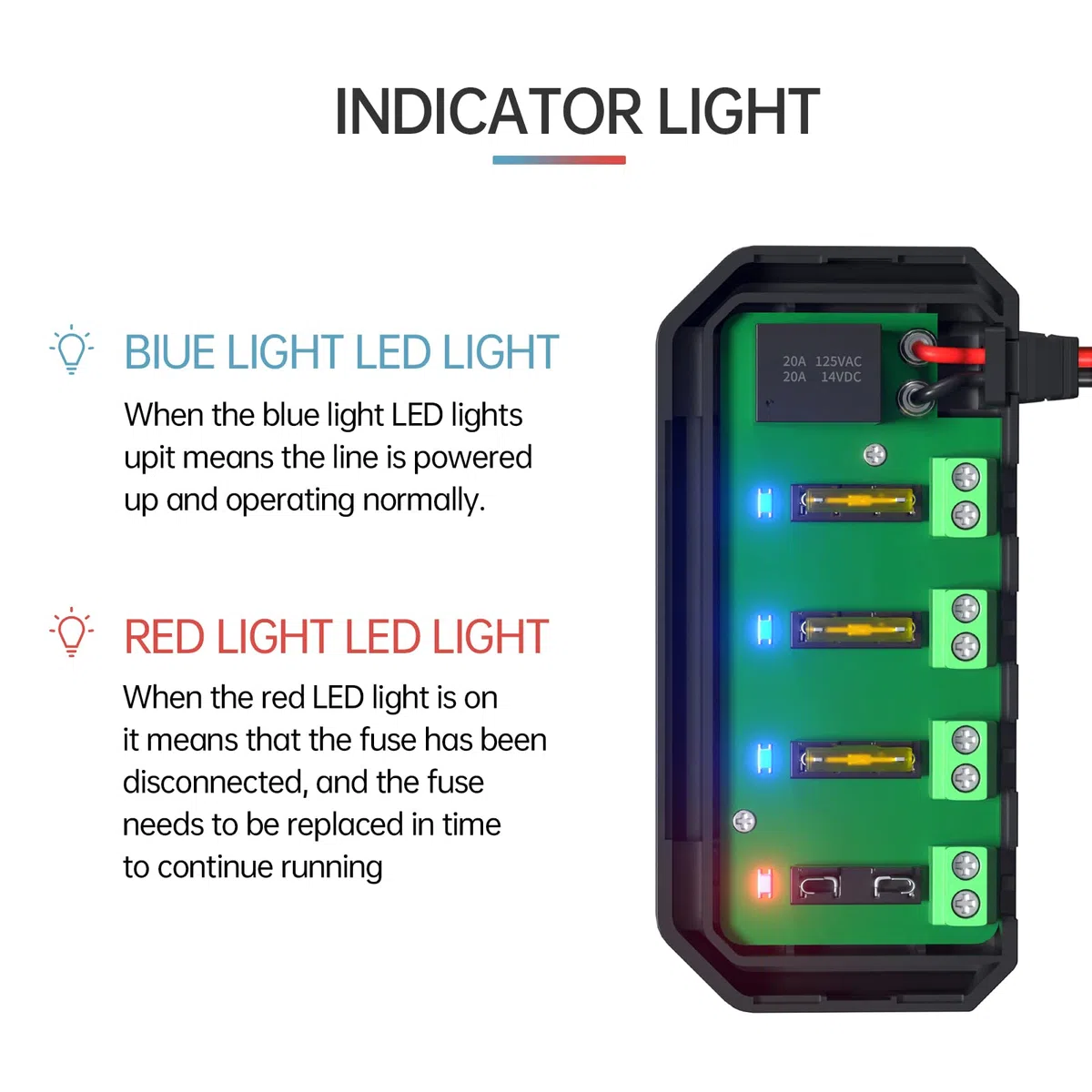 Premium 4 Vías Caja de Fusibles de Coche con Alambre, Portafusibles 12v con Relé con Lámpara de Alerta LED Kit para Motocicletas, automóviles, vehículos eléctricos de 12V