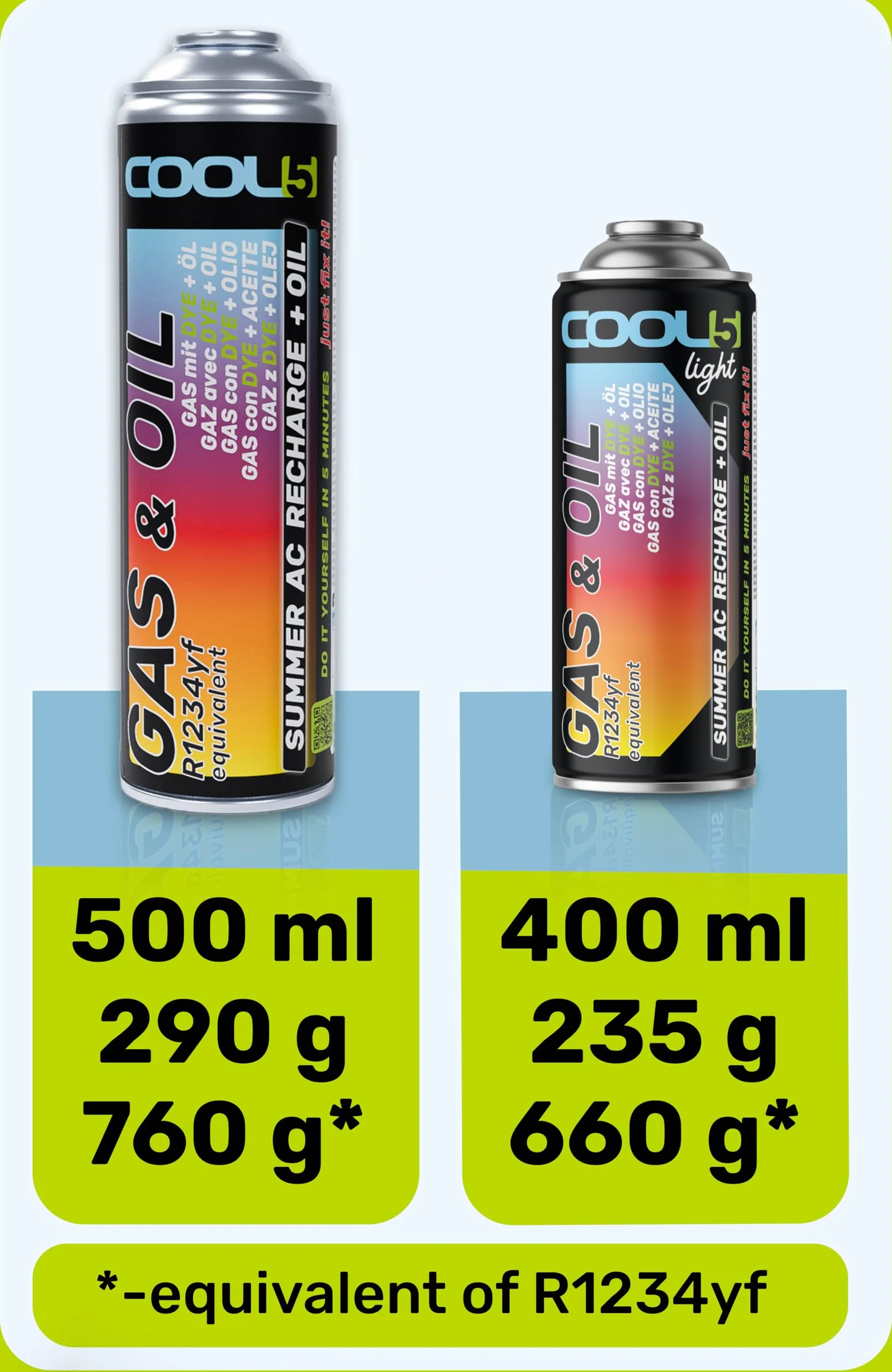 Hobby, sustituto r1234yf, Sellador, refrigerante para Aire Acondicionado de automóviles, Equivalente a 660 g, 1 Lata, 2 en 1, 235g, con Manguera integrada con manómetro y Adaptador
