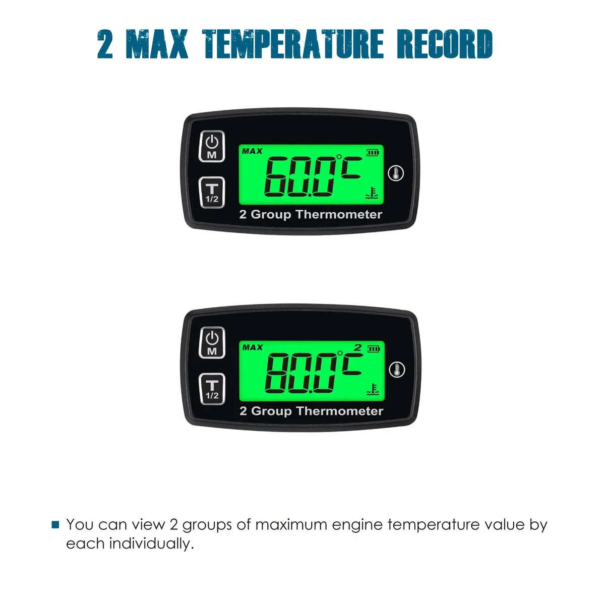 Runleader Medidor de temperatura digital, 2 grupos de visualización de temperatura para motocicleta, tractor, pitbike, moto, quitanieves, motosierra, barco, paramotor.