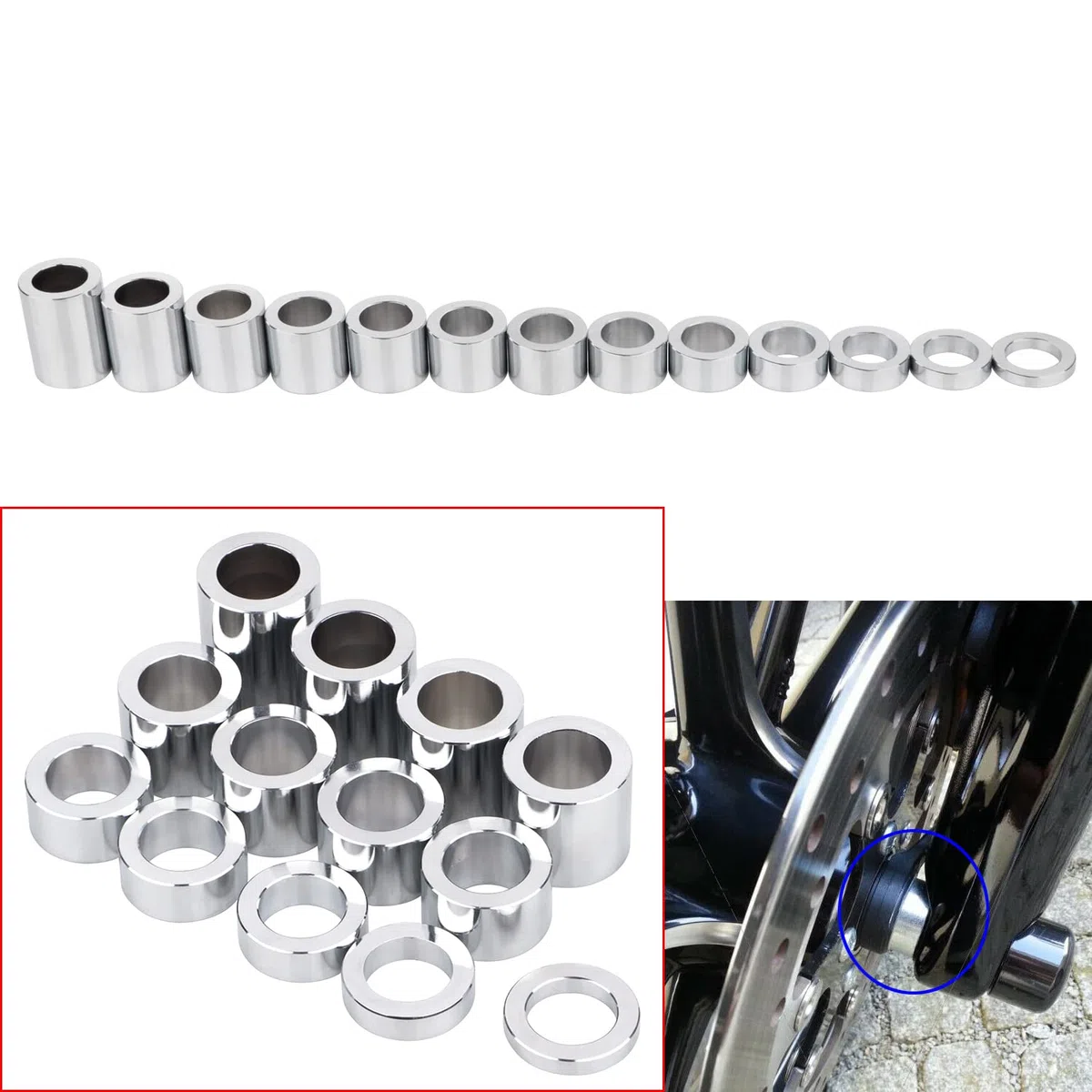 Juego de espaciadores de eje de rueda D.I. 1" (1,00) - DE 1-1/2" (1,50) - 13 espaciadores para Harley Softail Dyna Electra Glide Custom Bobbers y Choppers