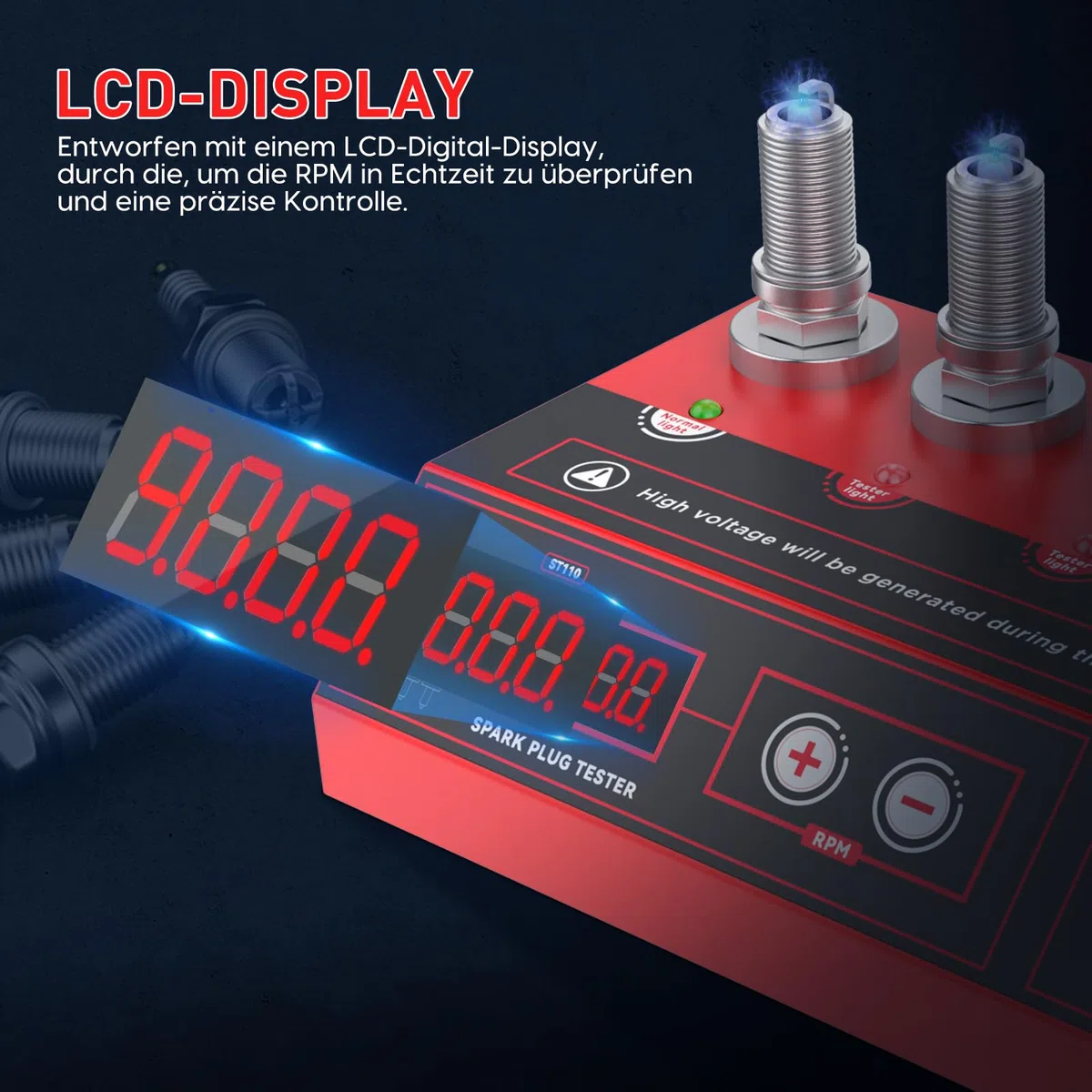 MRCARTOOL Comprobador de Bujías de Automóvil Analizador de Bujías con 5 Orificios de Prueba de 12mm y Pantalla LCD, Frecuencia Ajustable 200-9000RPM, para Vehículos de 12V, Bujía NGK y Platino