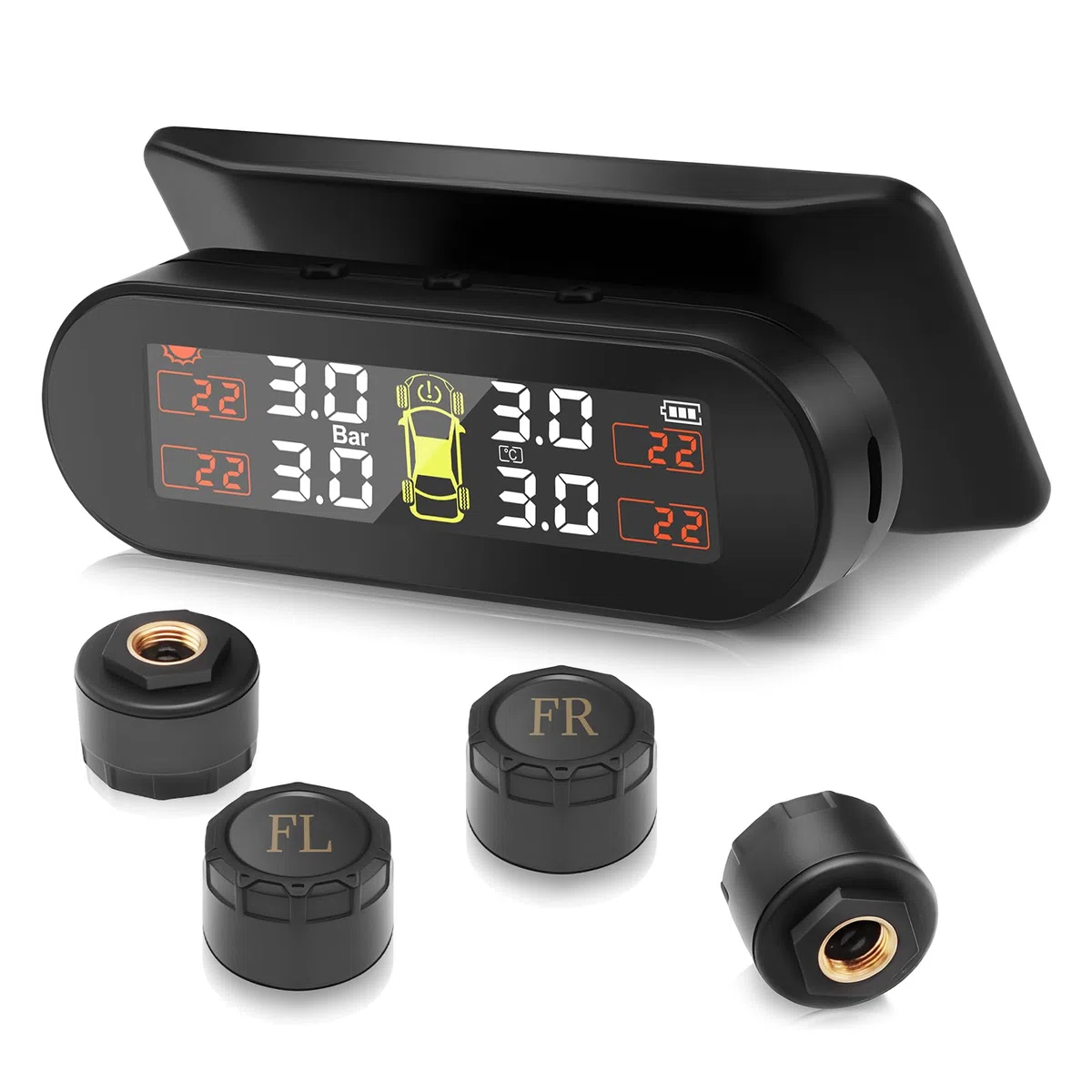 TPMS Sistema de monitoreo de presión de neumáticos, Carga Solar/USB, 4 Funciones de Alarma, con 4 Sensores Externos, para Auto, Sedan, SUV, Monovolúmenes etc