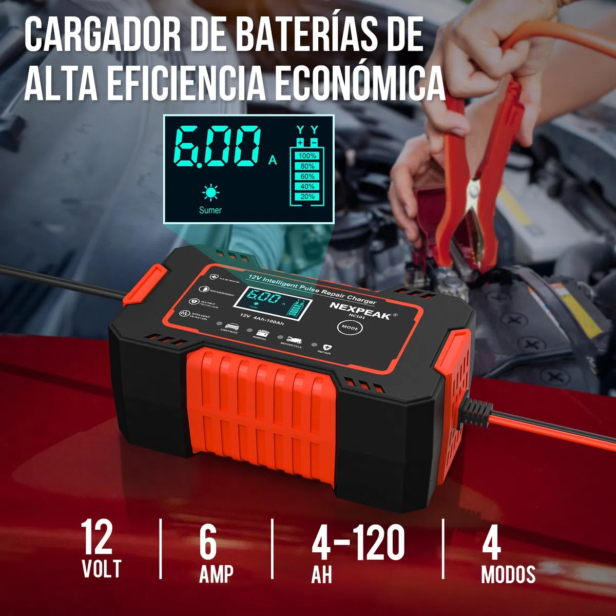 Cargador de Batería de Coche, NEXPEAK 6A 12V Cargador de baterias Coche y Moto Inteligente con Reparación y Pantalla LCD y Cargadors de batería para Auto,Moto, Camión, AGM, SLA, Gel