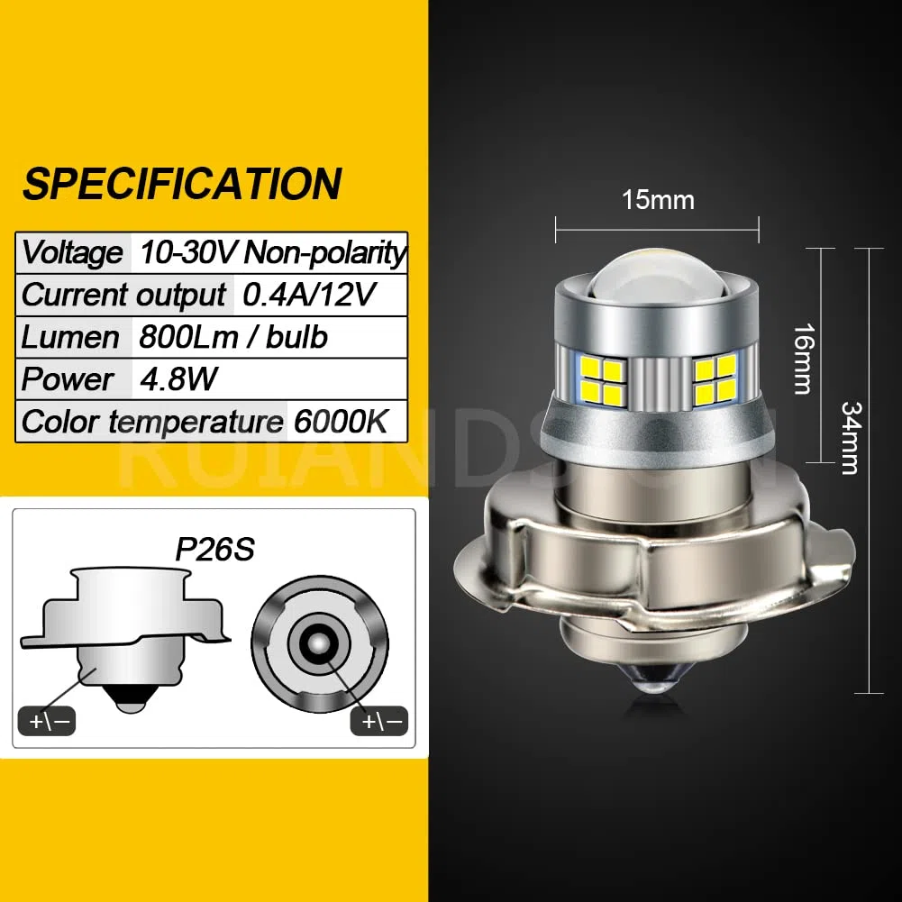 Ruiandsion 2 unids Bombilla LED P26S para Faros de Moto - Luz Blanca Superbrillante 10-30V con Lente Proyector - Chip 2016 20SMD de Alta Intensidad - Mejora la Seguridad Nocturna en Carretera