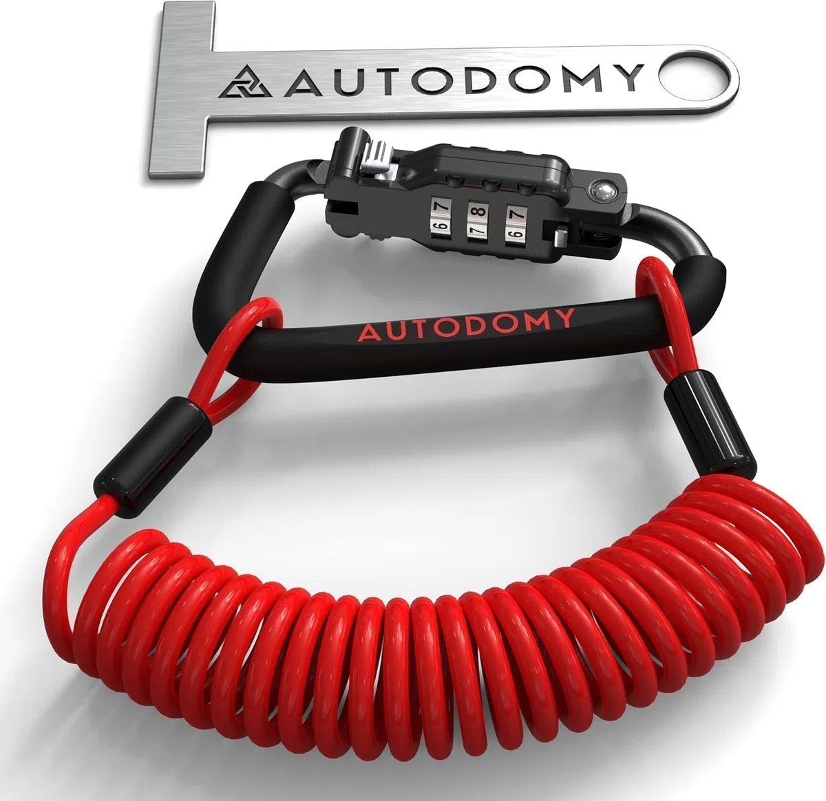Autodomy Candado Casco Moto | Antirrobo Casco Moto con Mosquetón, Código de Seguridad, Cable de Acero Flexible de 150 cm y Adaptador T