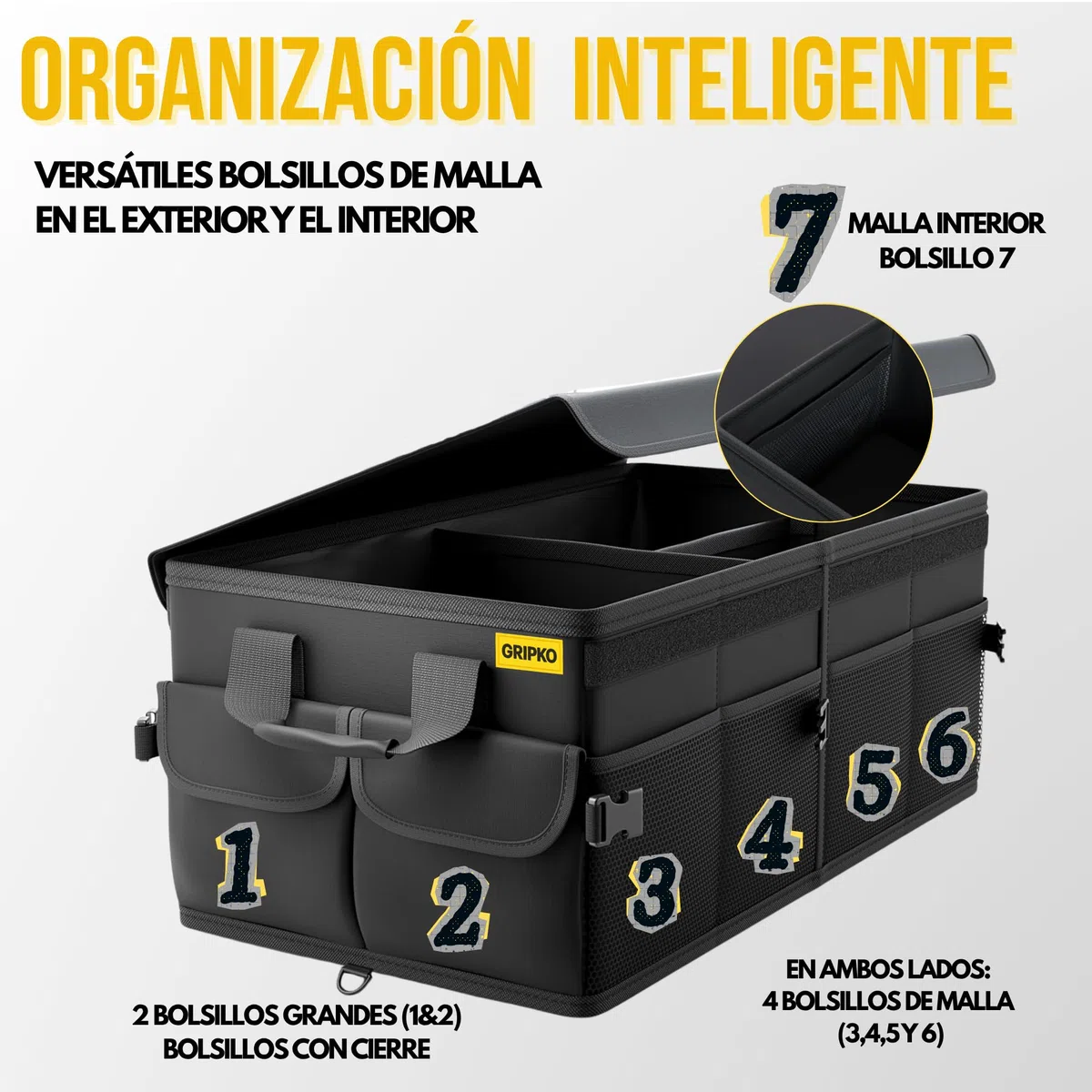 Organizador Maletero Coche 50L - Bolsa Maletero coche Plegable con Bolsillos, Base Doble y Paredes Reforzadas - Versátil y Seguro - Base Antideslizante - Cinchas Ajustables - Tapa Extraíble